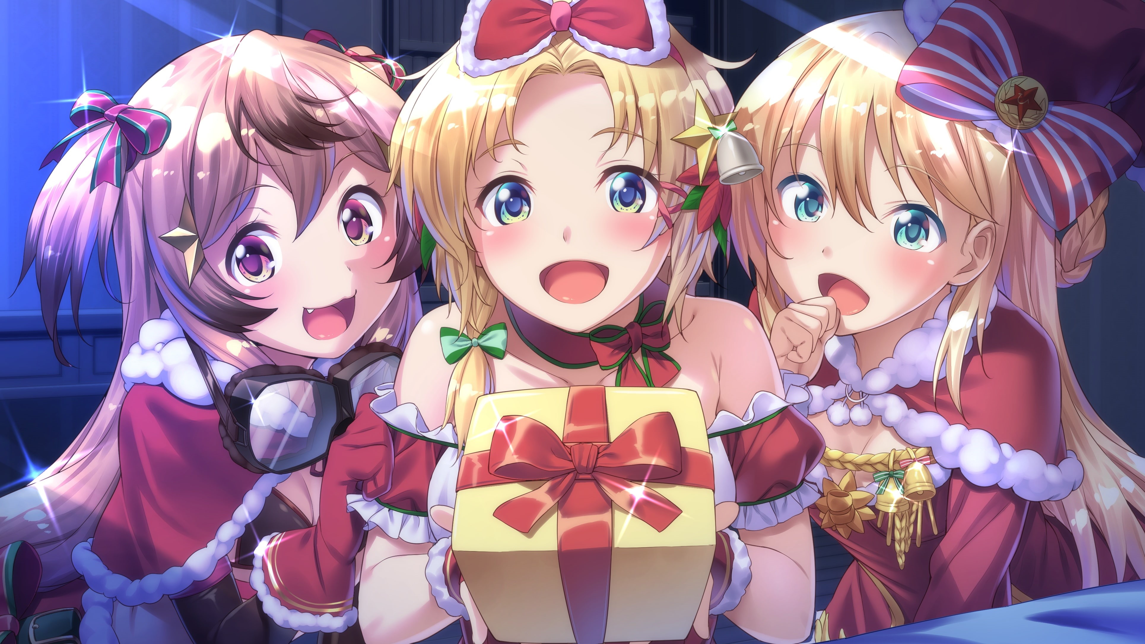girls, konachan, tenkuu, long, santa, tagme, christmas, bell, formation, fang, gloves, (character), com, blonde, 257051, 4K, goggles, costume, hair, nozora, HD Wallpaper