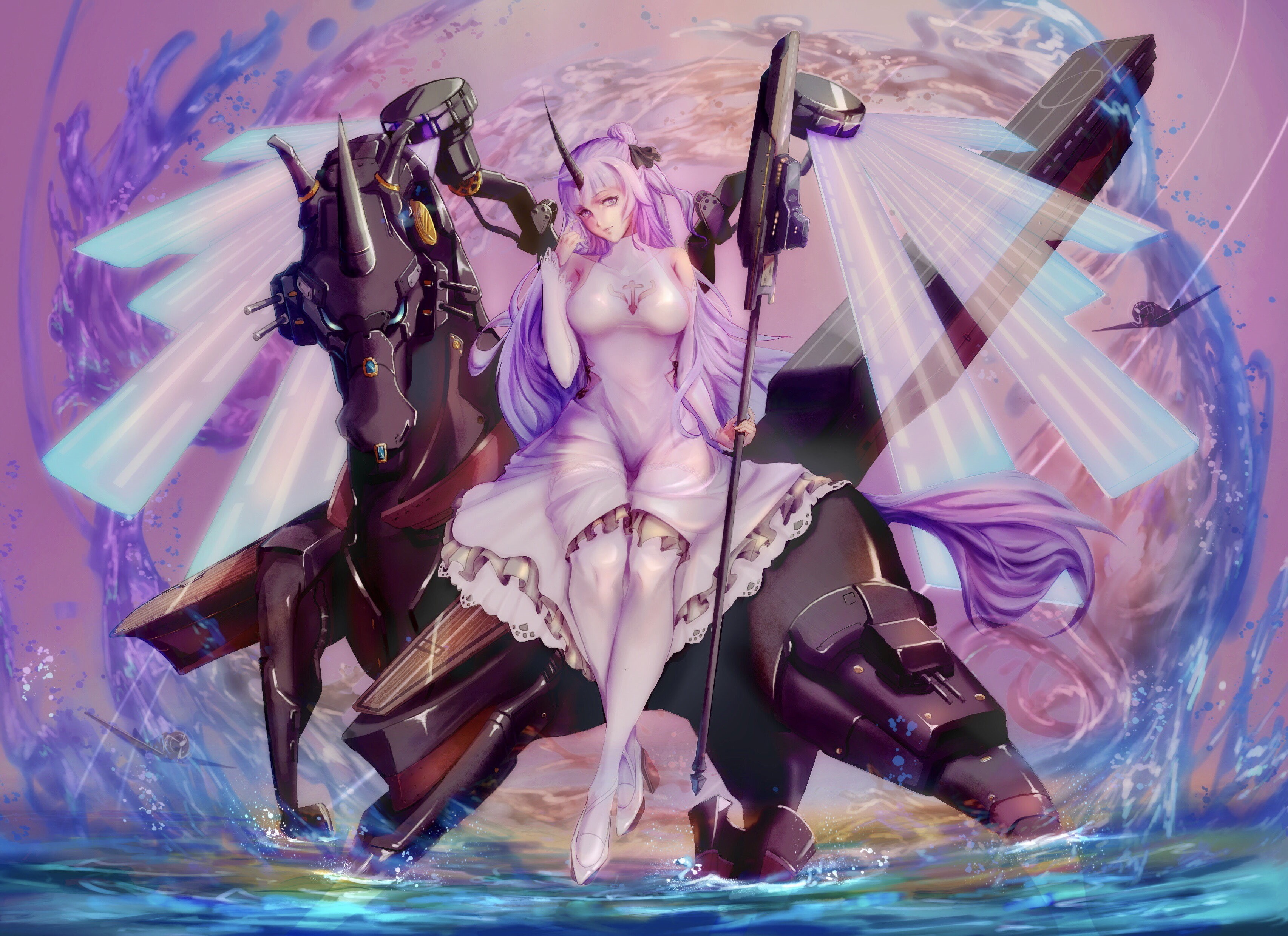 (azur, weapon, konachan, 2K, dress, purple, 252688, wings, animal, hms, water, lane), horns, tagme, eyes, lane, (artist), anthropomorphism, unicorn, long, HD Wallpaper