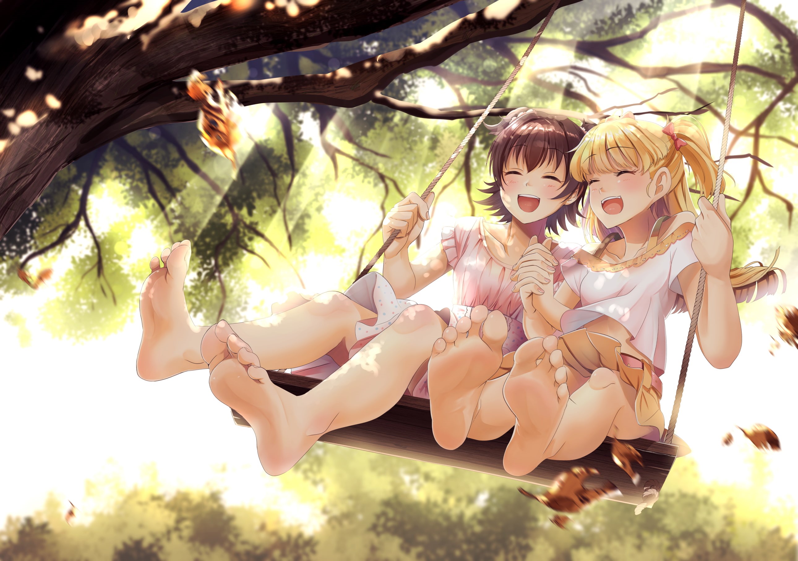 konachan, jougasaki, 2K, rika, short, 2girls, akagi, com, barefoot, casino, loli, brown, 261774, long, tree, hair, (artist), miria, blush, idolmaster, HD Wallpaper
