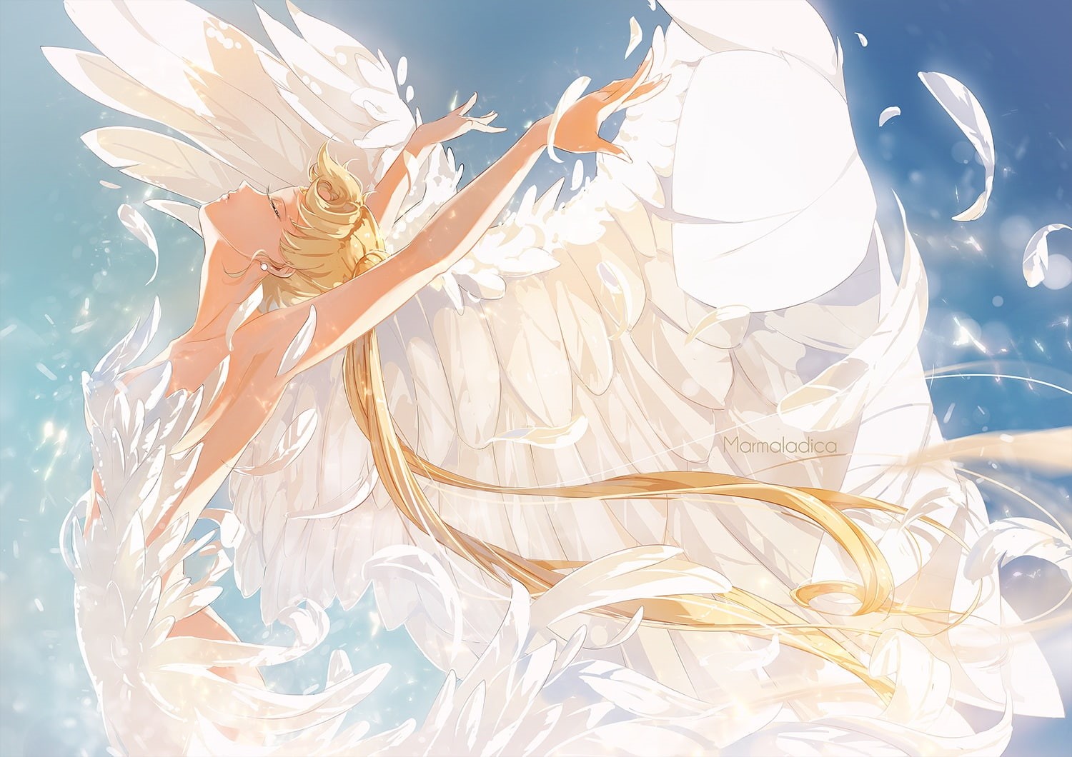 konachan, hair, (elfless, serenity, dress, blonde, twintails, queen, moon, vanilla), sailor, 720P, watermark, usagi, feathers, tsukino, wings, 252495, HD Wallpaper