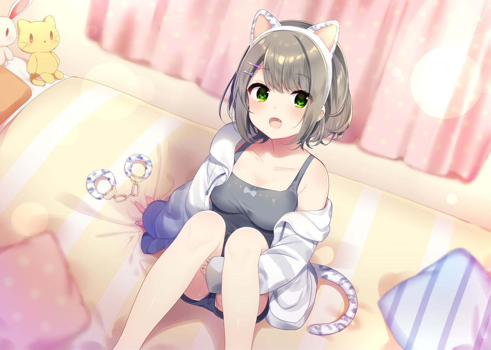 adult, short, lifestyles, eyes, hairstyle, shorts, catgirl, hair, beauty spa, konachan, sitting, beautician, fashion, women, females, ears, 720P, relaxation, HD Wallpaper