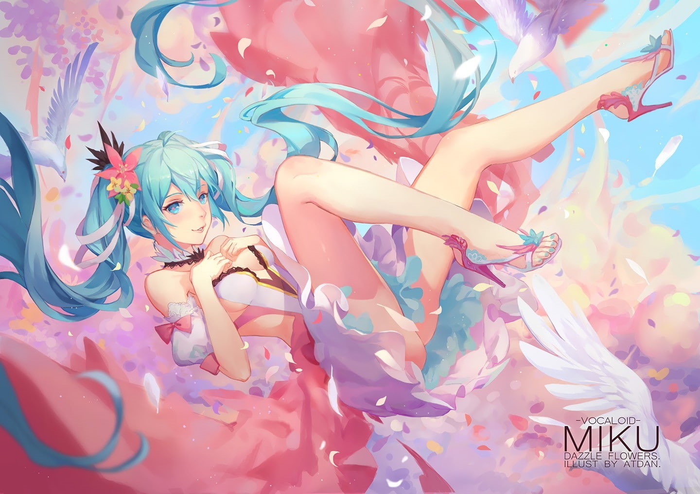 dress, Hatsune Miku, twintails, flowers, long hair, Vocaloid, 720P, HD Wallpaper