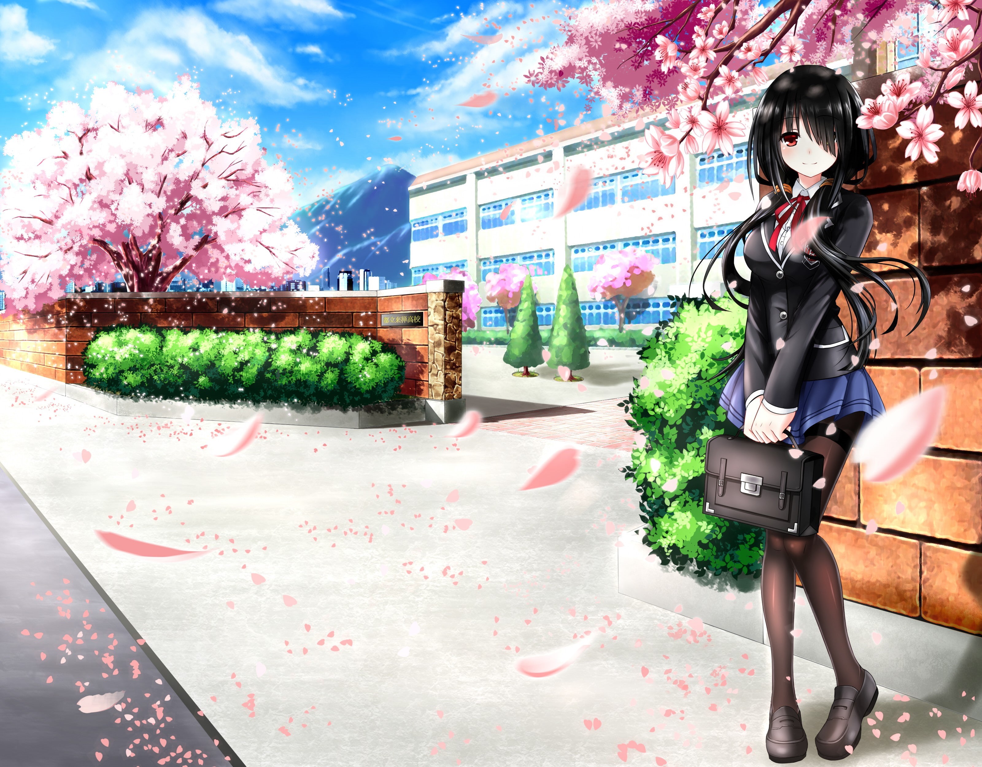 Tokisaki Kurumi, anime girls, long hair, petals, clouds, sky, Date A Live, anime, spring, twintails, 2K, HD Wallpaper