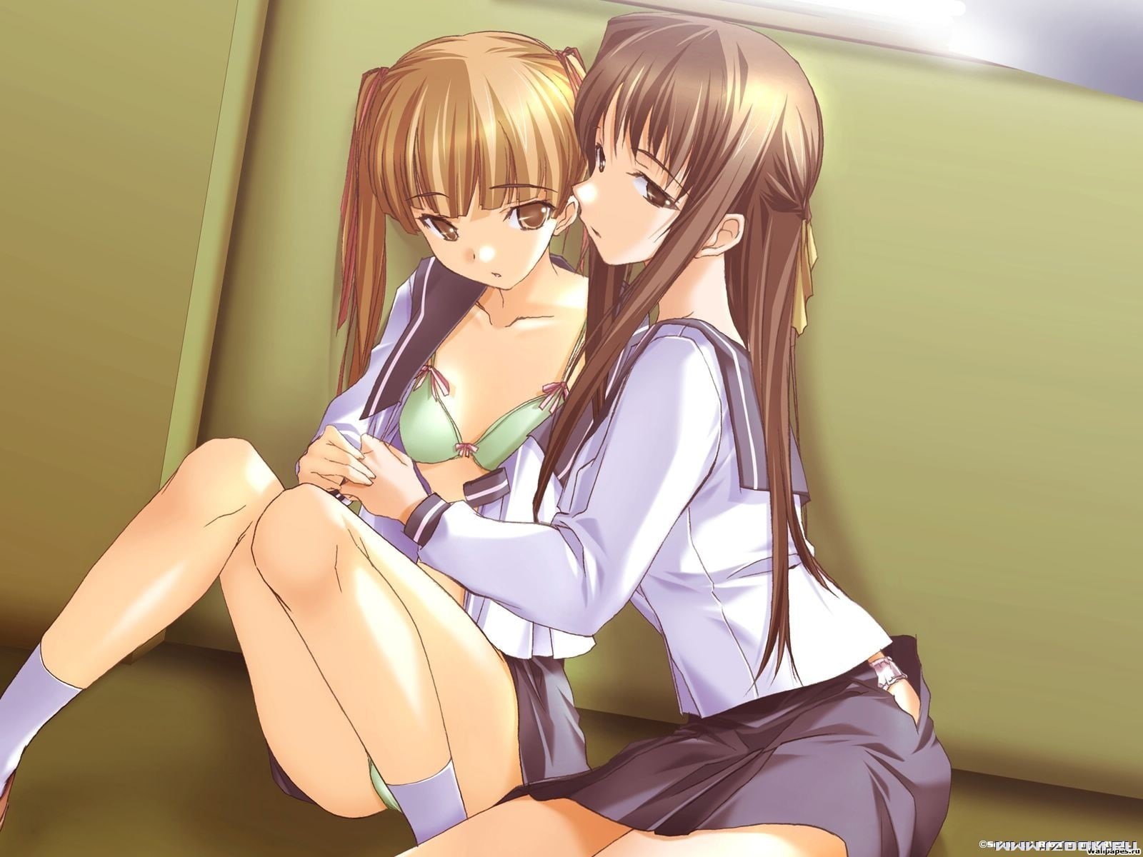 lesbians, 720P, anime girls, schoolgirl, twintails, yuri, school uniform, HD Wallpaper