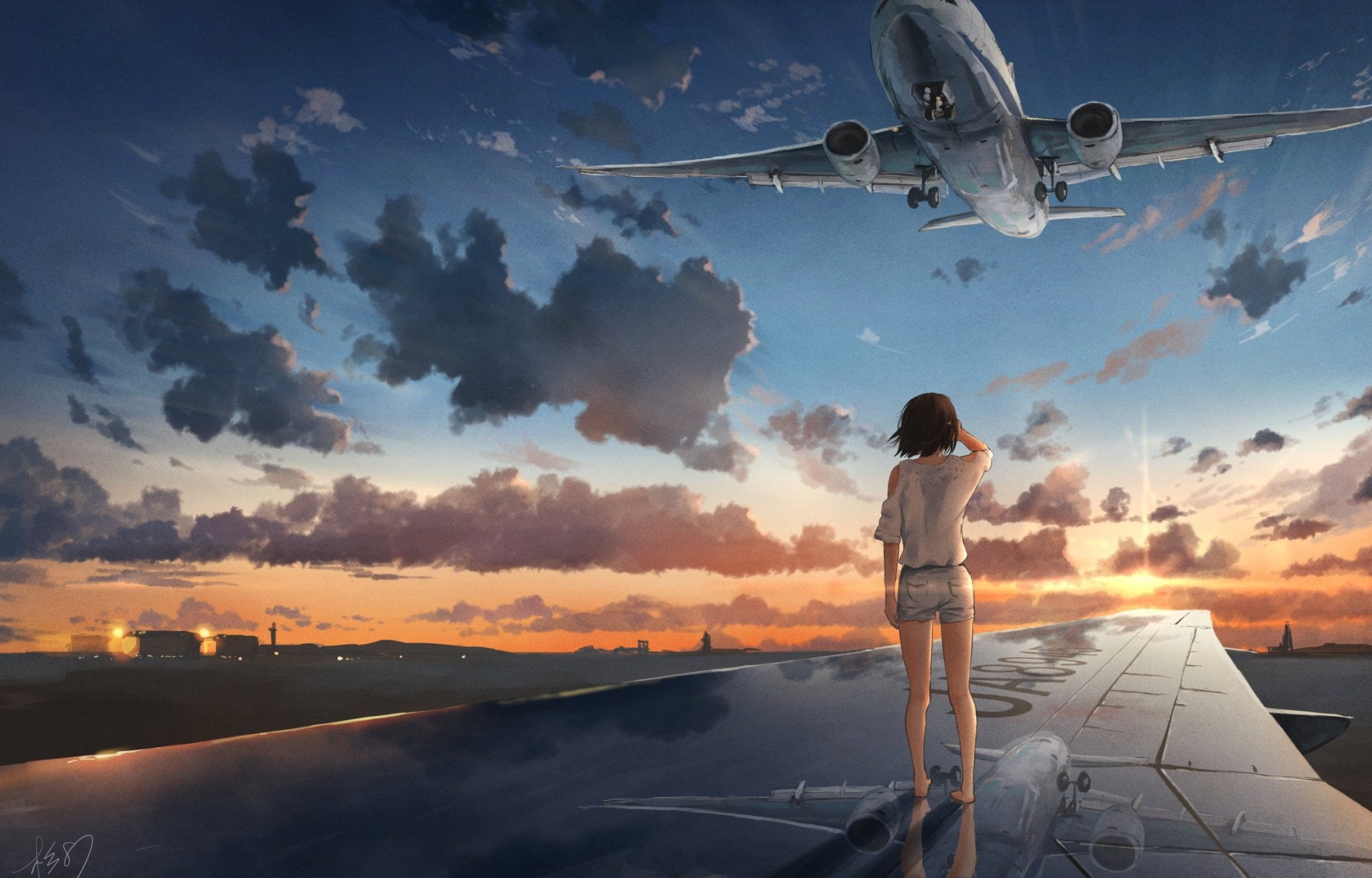 Sun, 1080P, Anime, Original, Shorts, Airplane, Sunset, Girl, Sky, Cloud, Reflection, HD Wallpaper