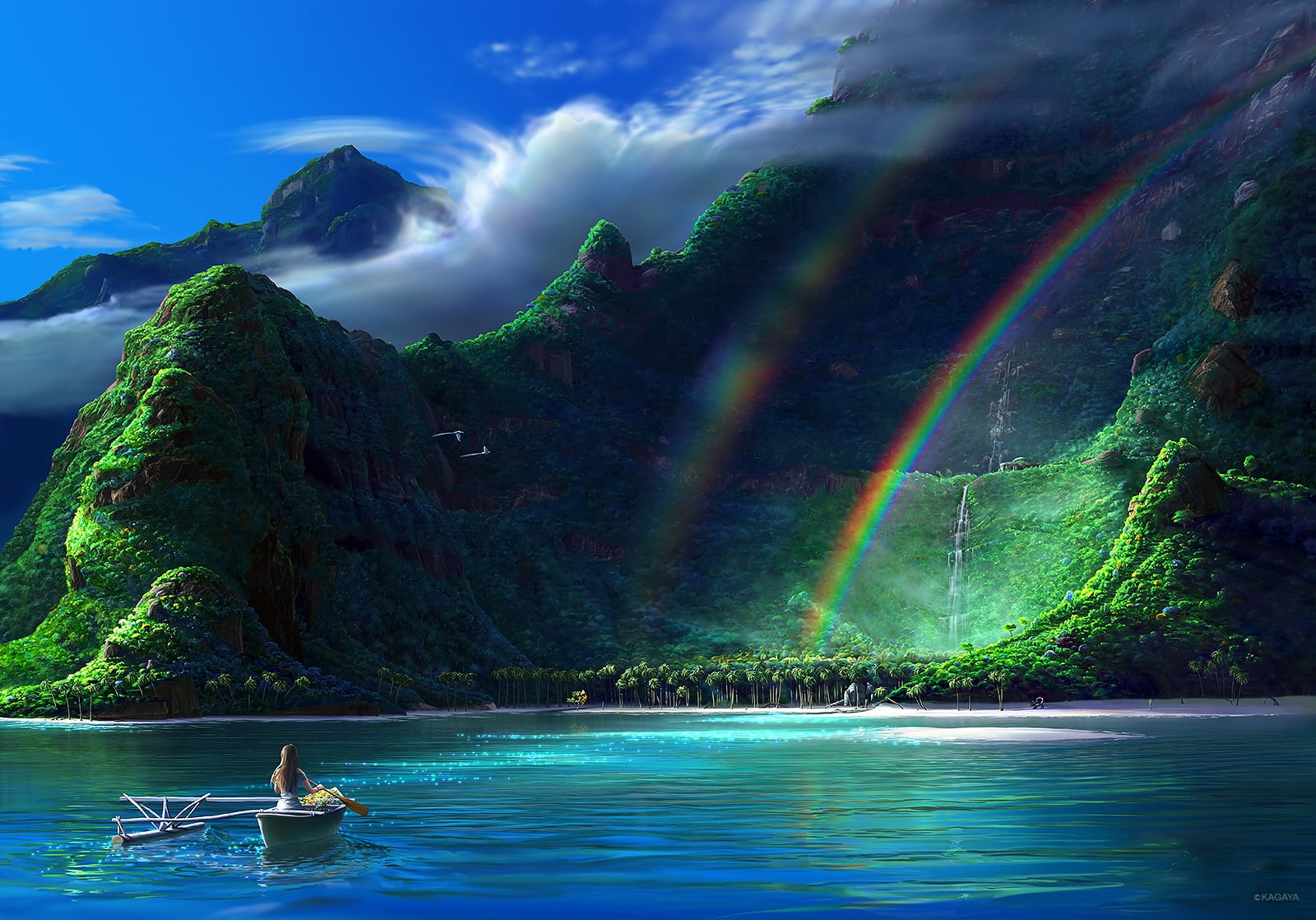 720P, kagaya, scenic, rainbow, landscape, water, hair, sky, bird, tree, clouds, boat, brown, animal, beach, waterfall, original, HD Wallpaper