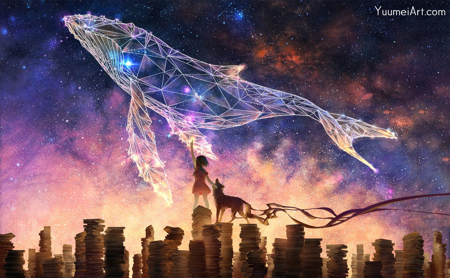720P, animal, original, (yuumei, com, short, brown, book, yan, wenqing, art), 257633, konachan, hair, dress, stars, dog, watermark, sky, HD Wallpaper