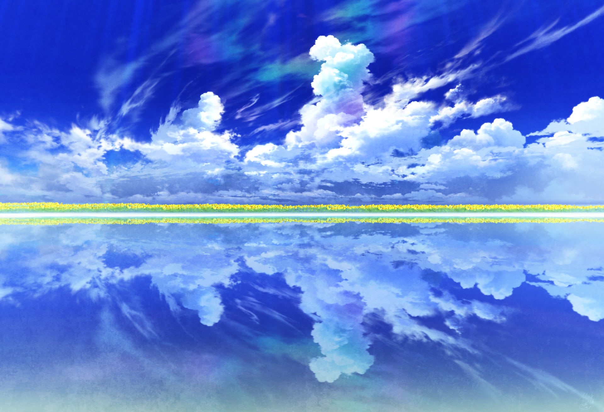 Sky, nature, blue, beauty in nature, symmetry, no people, idyllic, Water, tranquil scene, outdoors, horizon over water, 1080P, Reflection, horizon, day, HD Wallpaper