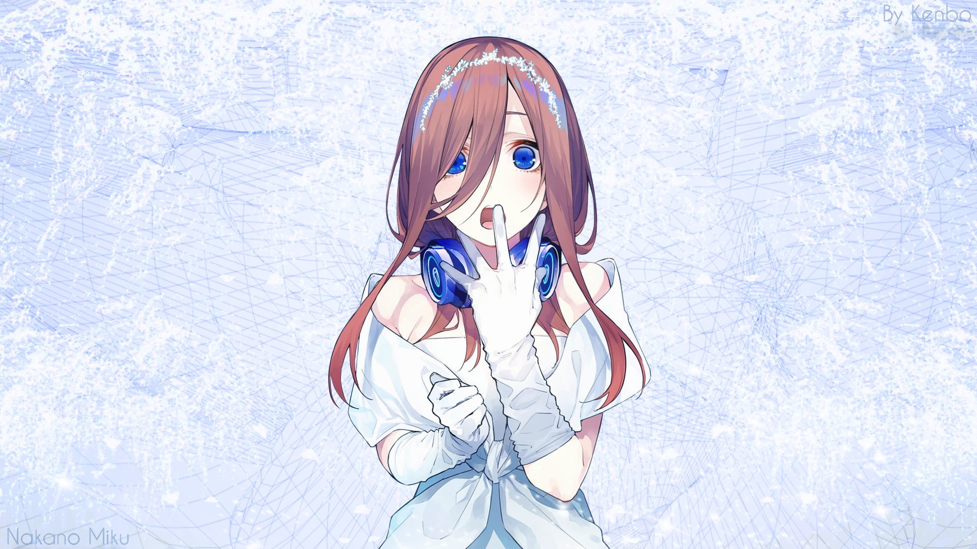 open mouth, Nakano, anime girls, dress, brunette, 1080P, blue eyes, white dress, Miku, manga, headband, 5-toubun no Hanayome, gloves, wedding dress, elbow gloves, HD Wallpaper