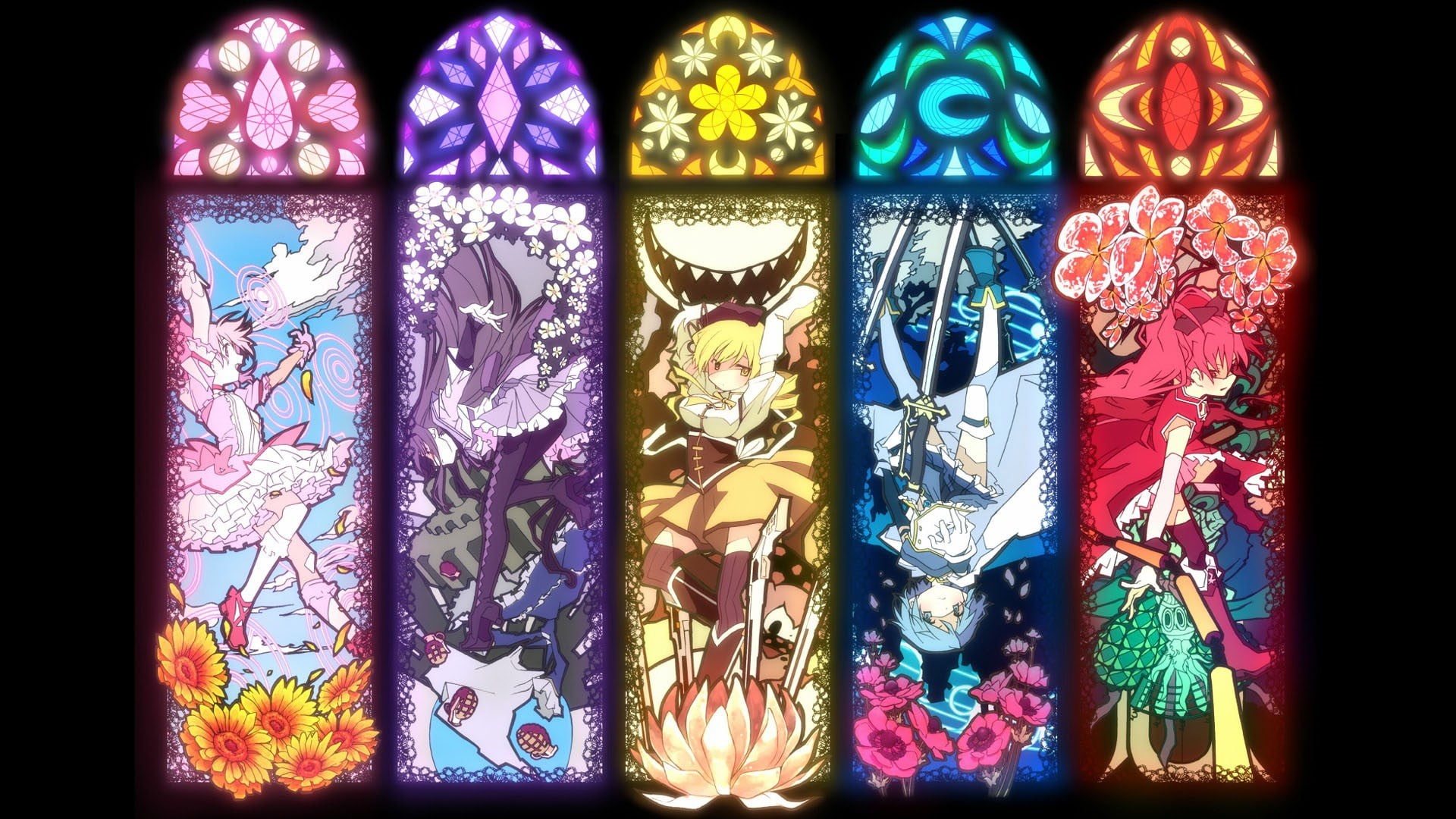 representation, design, floral pattern, craft, anime girls, glass - material, Mahou Shoujo Madoka Magica, multi colored, decoration, Kaname Madoka, Akemi Homura, HD Wallpaper