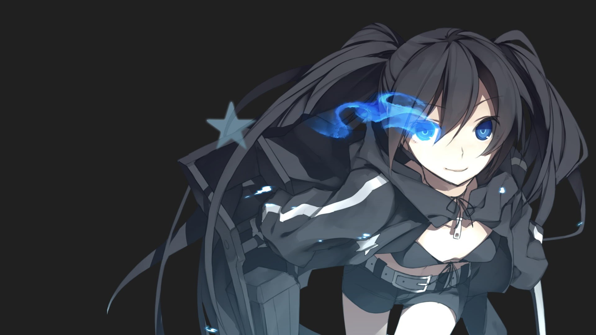 blue, indoors, anime, illuminated, still life, black background, nature, light - natural phenomenon, Strength (Black Rock Shooter), creativity, glowing, HD Wallpaper