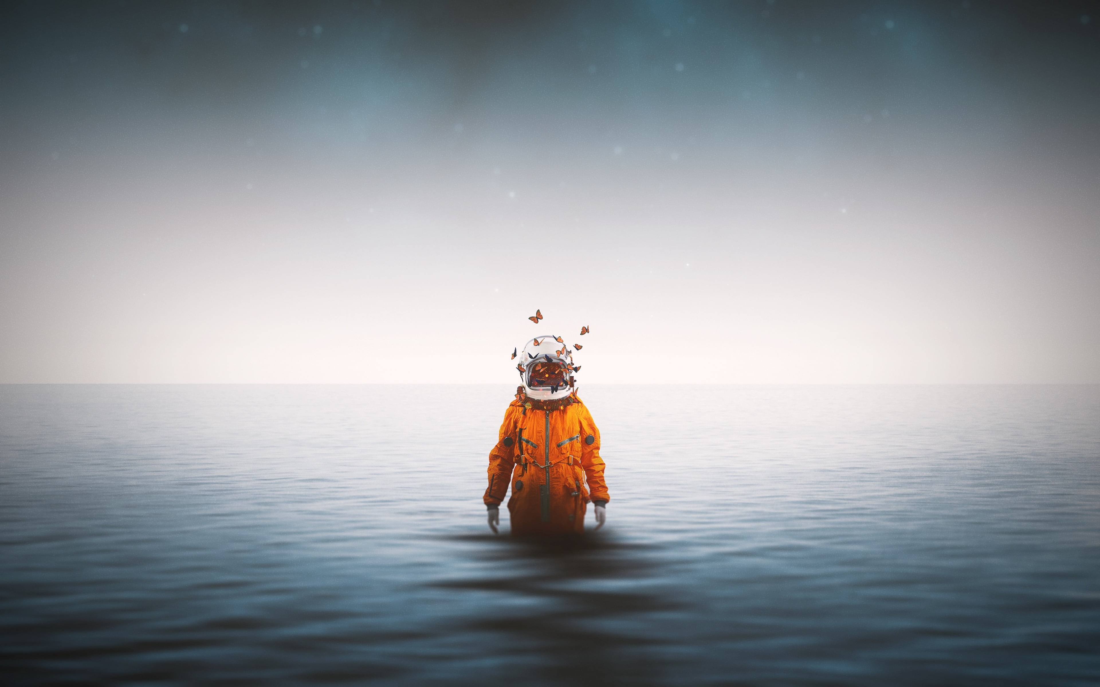 butterflies, water, astronaut, artwork, 4K, sea, HD Wallpaper