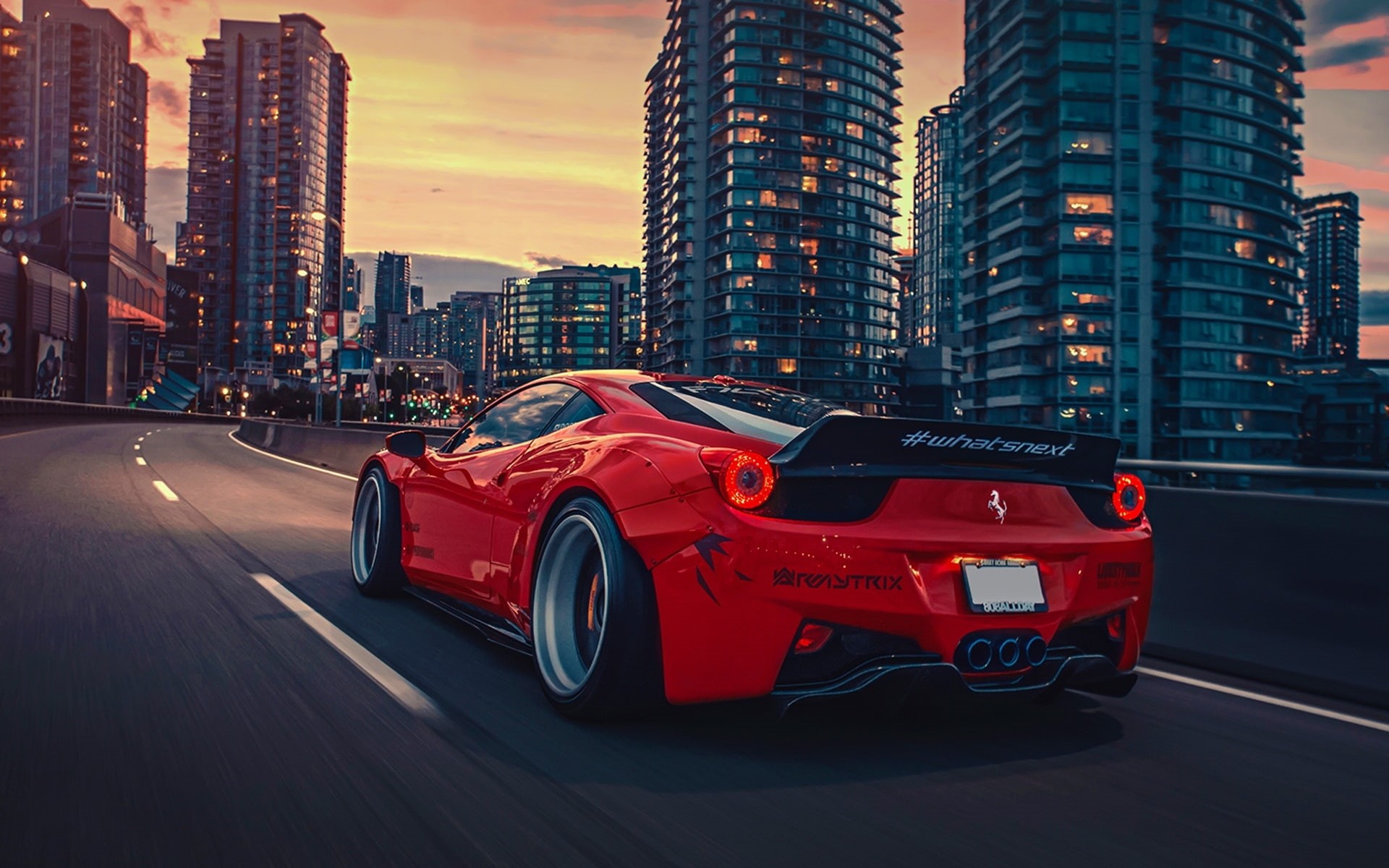 Red, Supercar, City, Rear, italia, Ferrari, Night, 1080P, View, HD Wallpaper