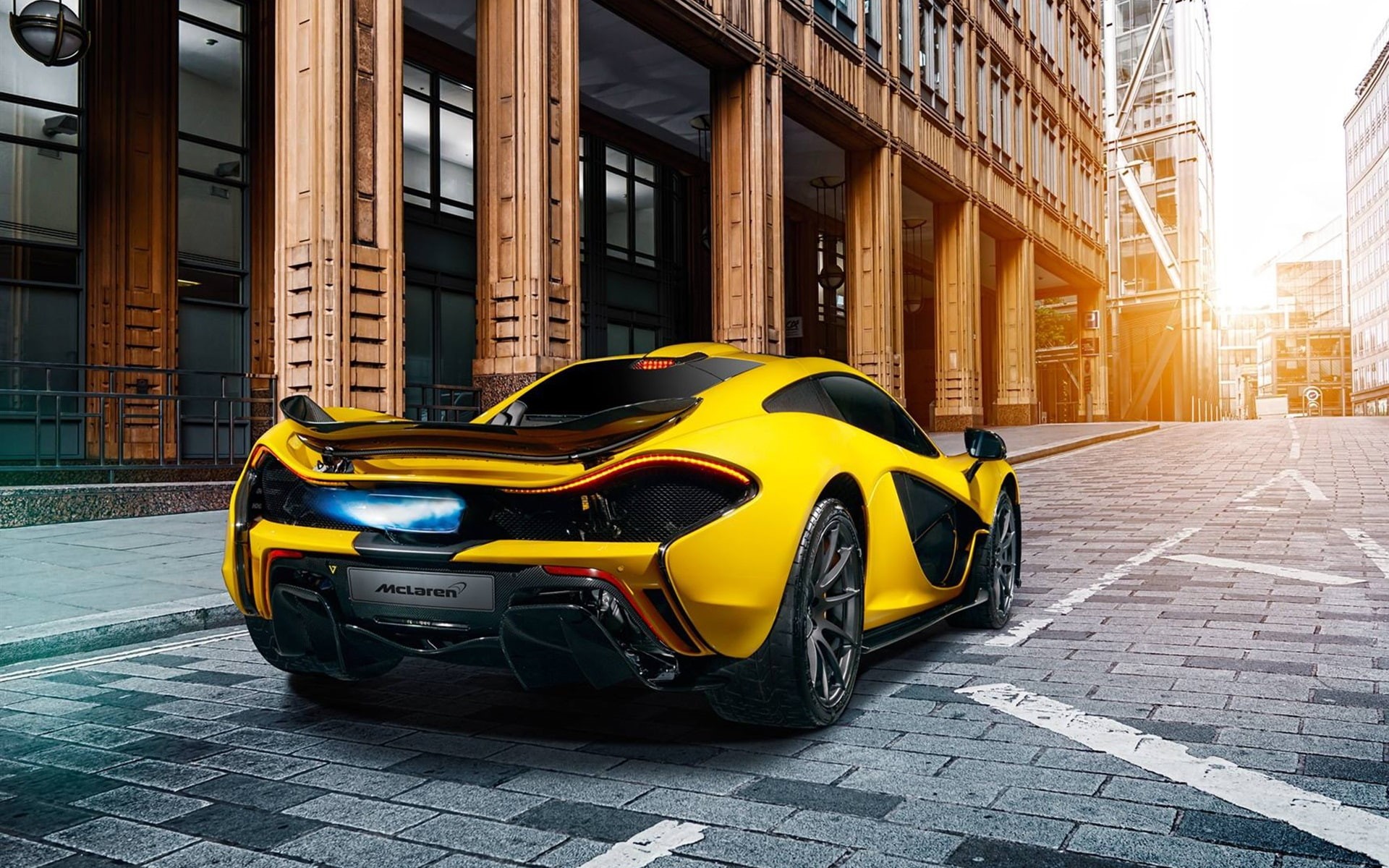 View, Supercar, p, Rear, 1080P, scoupe, P1, McLaren, black, City, Yellow, HD Wallpaper