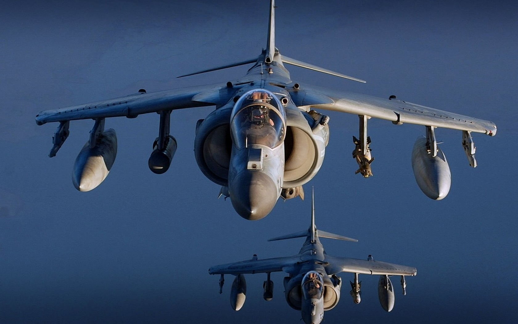 navy, Harrier, low angle view, military airplane, planes, two, clear sky, 720P, aggression, flying, transportation, mode of transportation, fighter, day, HD Wallpaper