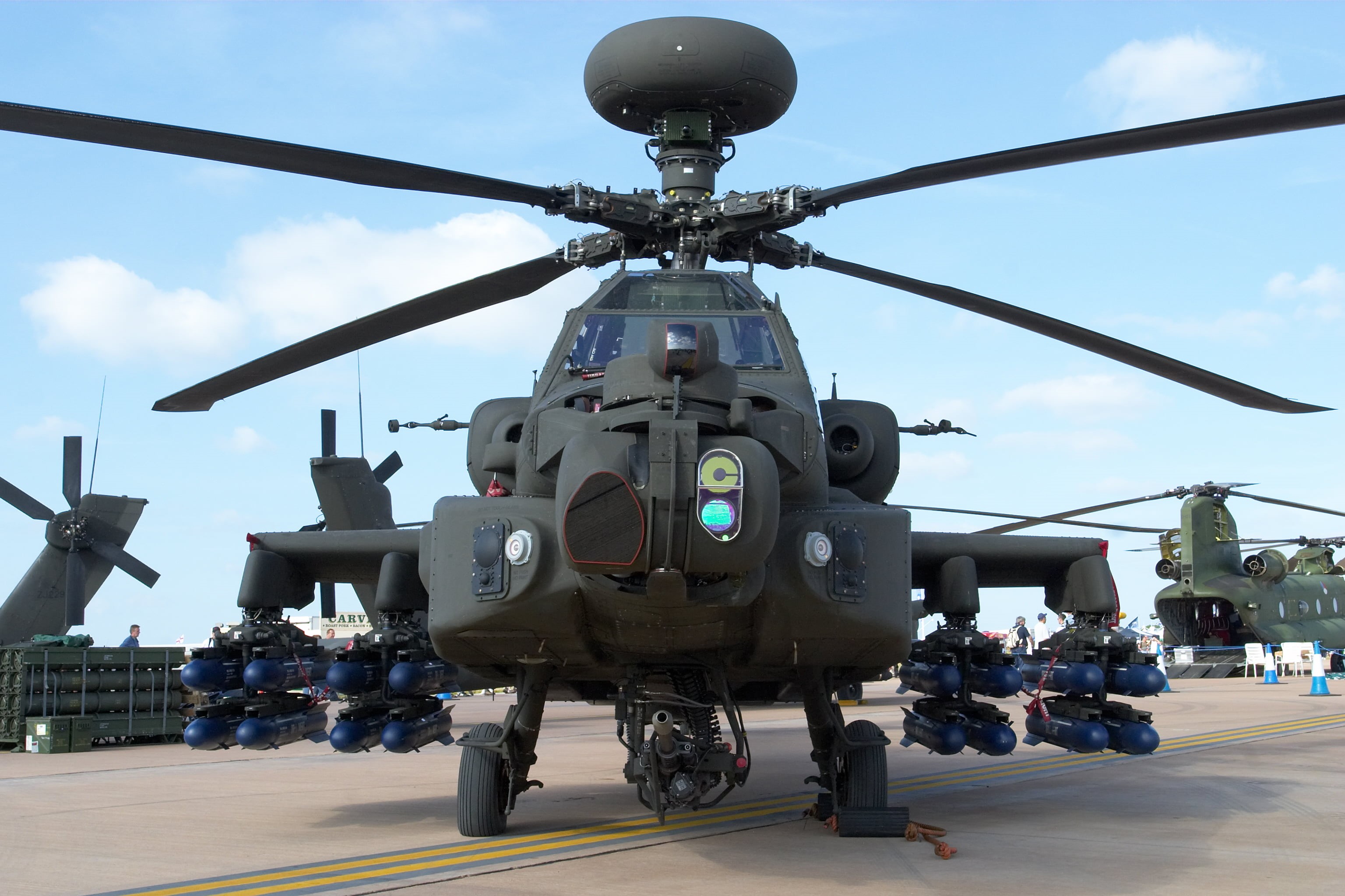 cloud - sky, military aircraft, helicopter, military, Boeing Apache AH-64D, army, real people, airport, front view, aerospace industry, flying, black, sky, HD Wallpaper
