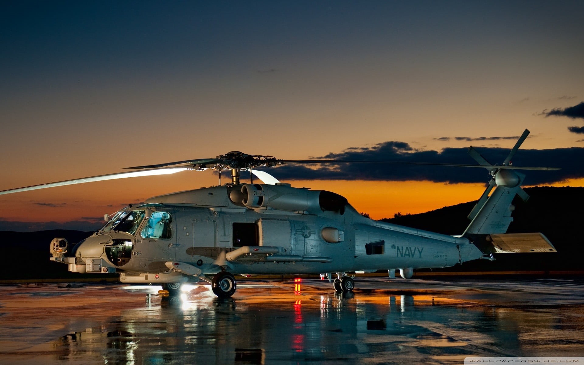 aerospace industry, red, black, airport runway, orange color, helicopter, illuminated, sunset, military aircraft, Sikorsky UH-60 Black Hawk, air vehicle, HD Wallpaper