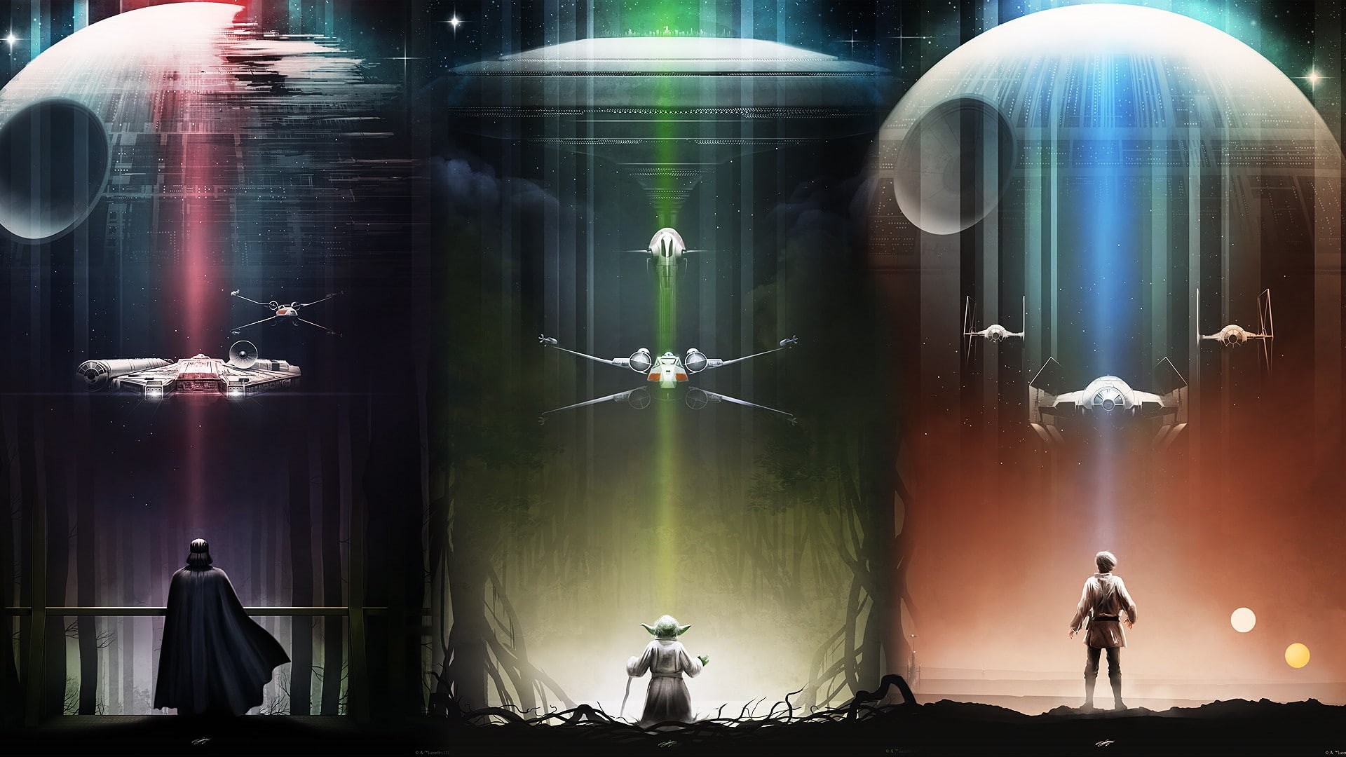 Yoda, Darth Vader, X-Wing, Luke Skywalker, Star Wars, Death Star, Millennium Falcon, TIE Fighter, 1080P, HD Wallpaper