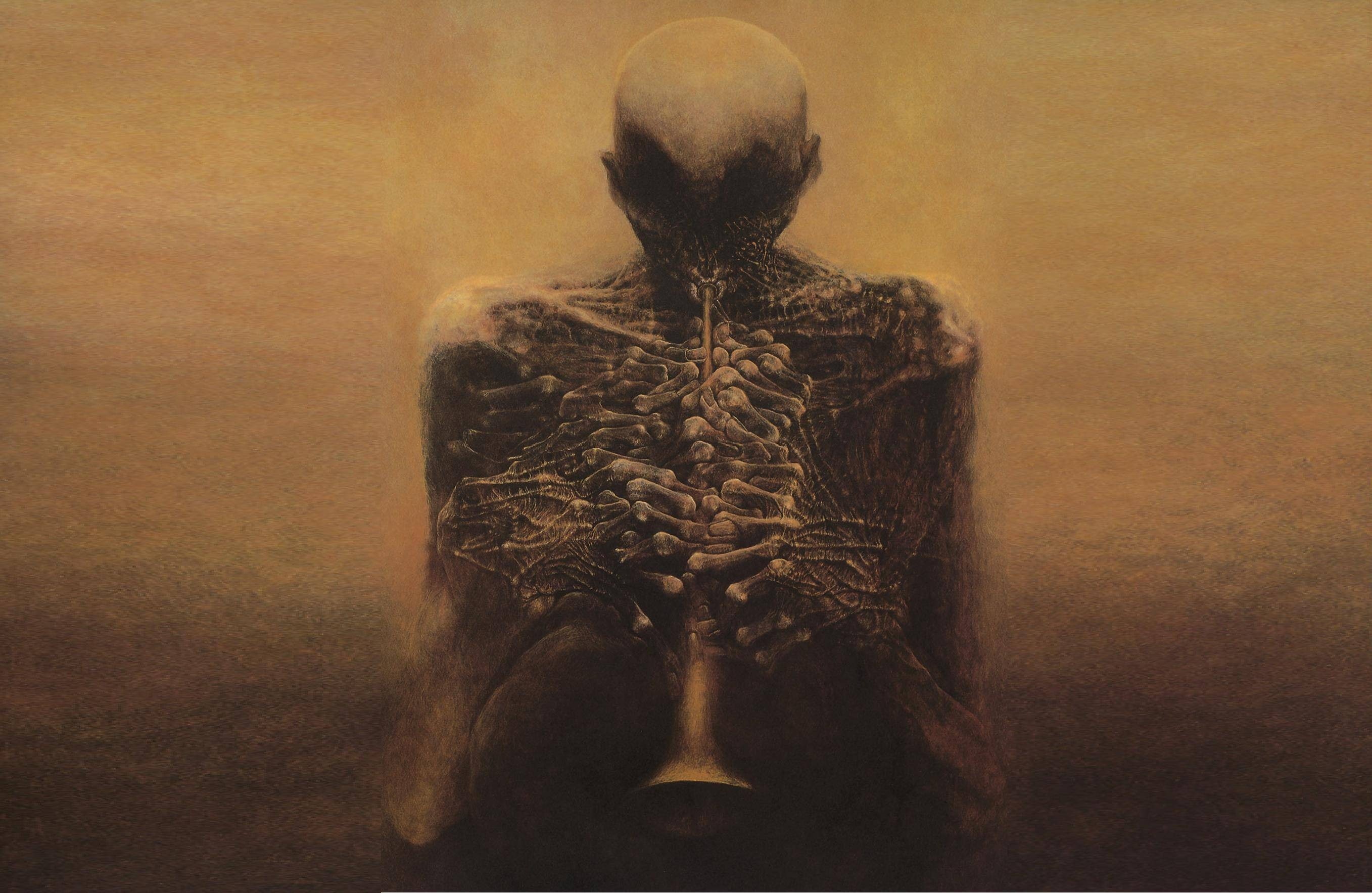 zdzis, brown, zdzisław beksiński, beksi, skeleton, 2K, aw, dark, ski, detailed, painting, HD Wallpaper