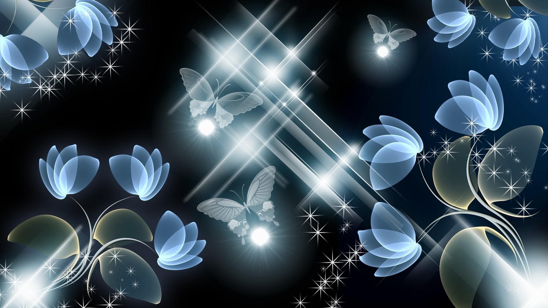 sparkles, radiance, layered, transparent, 3d and abstract, 1080P, flowers, gray, green, blue, stars, firefox persona, butterflies, new, HD Wallpaper