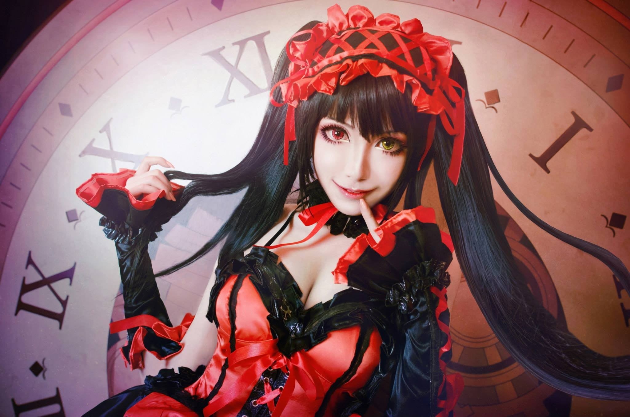 looking at camera, clocks, clothing, cosplay, red, character, young adult, female, lifestyles, one person, hair, front view, portrait, bangs, young women, HD Wallpaper
