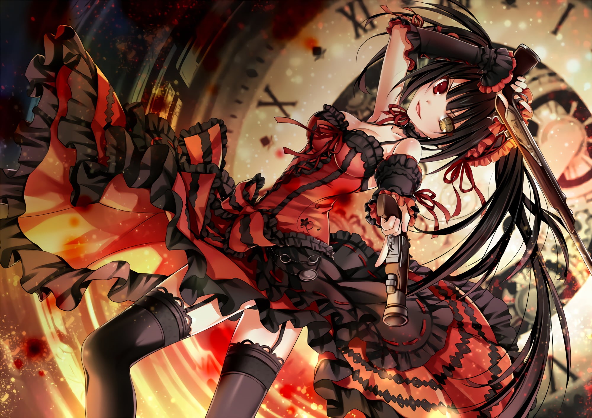 art, indoors, woman, heterochromia, guns, art and craft, day, Tokisaki Kurumi, large group of objects, multi colored, lighting equipment, creativity, metal, HD Wallpaper