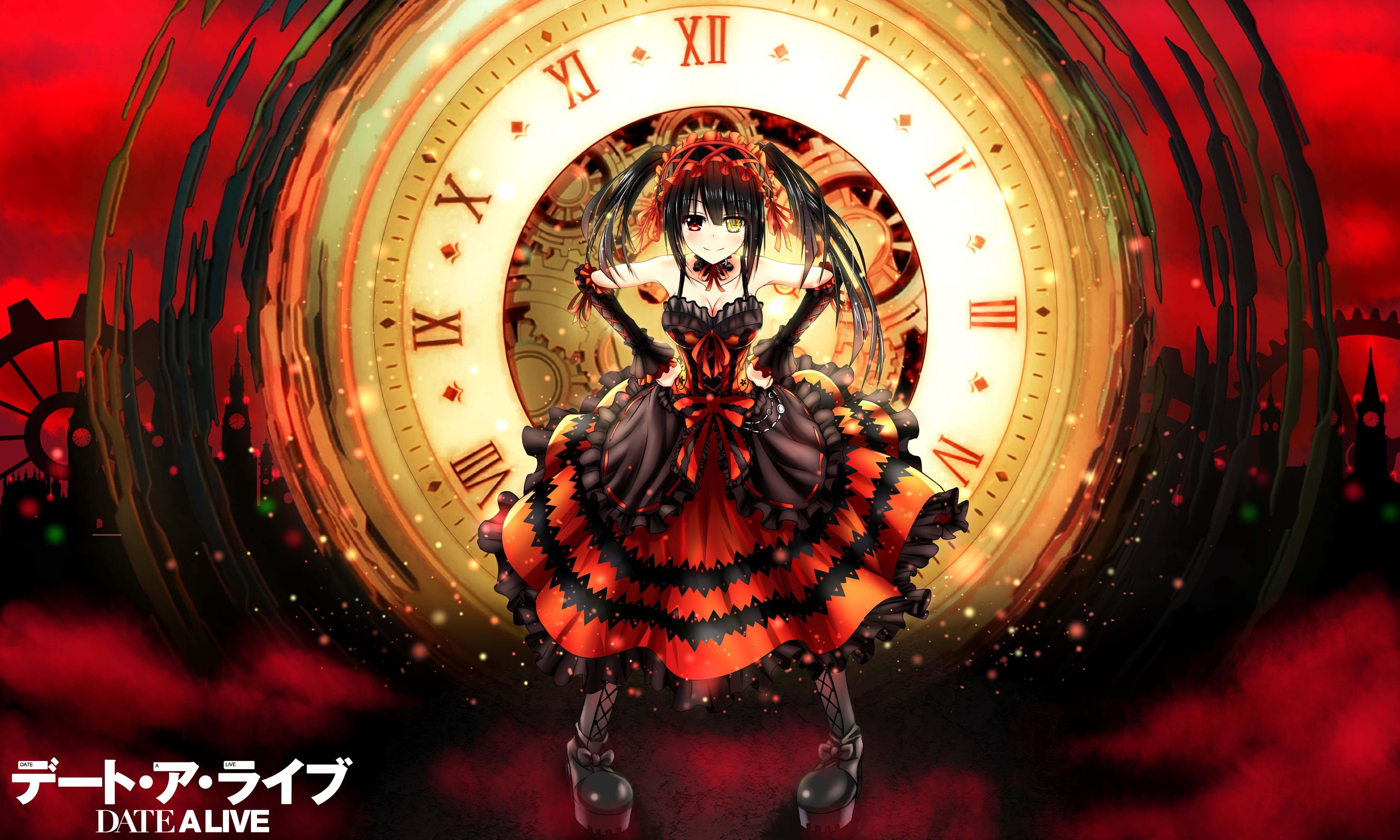 built structure, 4K, ornate, illuminated, motion, circle, Tokisaki Kurumi, indoors, composite image, anime girls, technology, dress, no people, architecture, HD Wallpaper