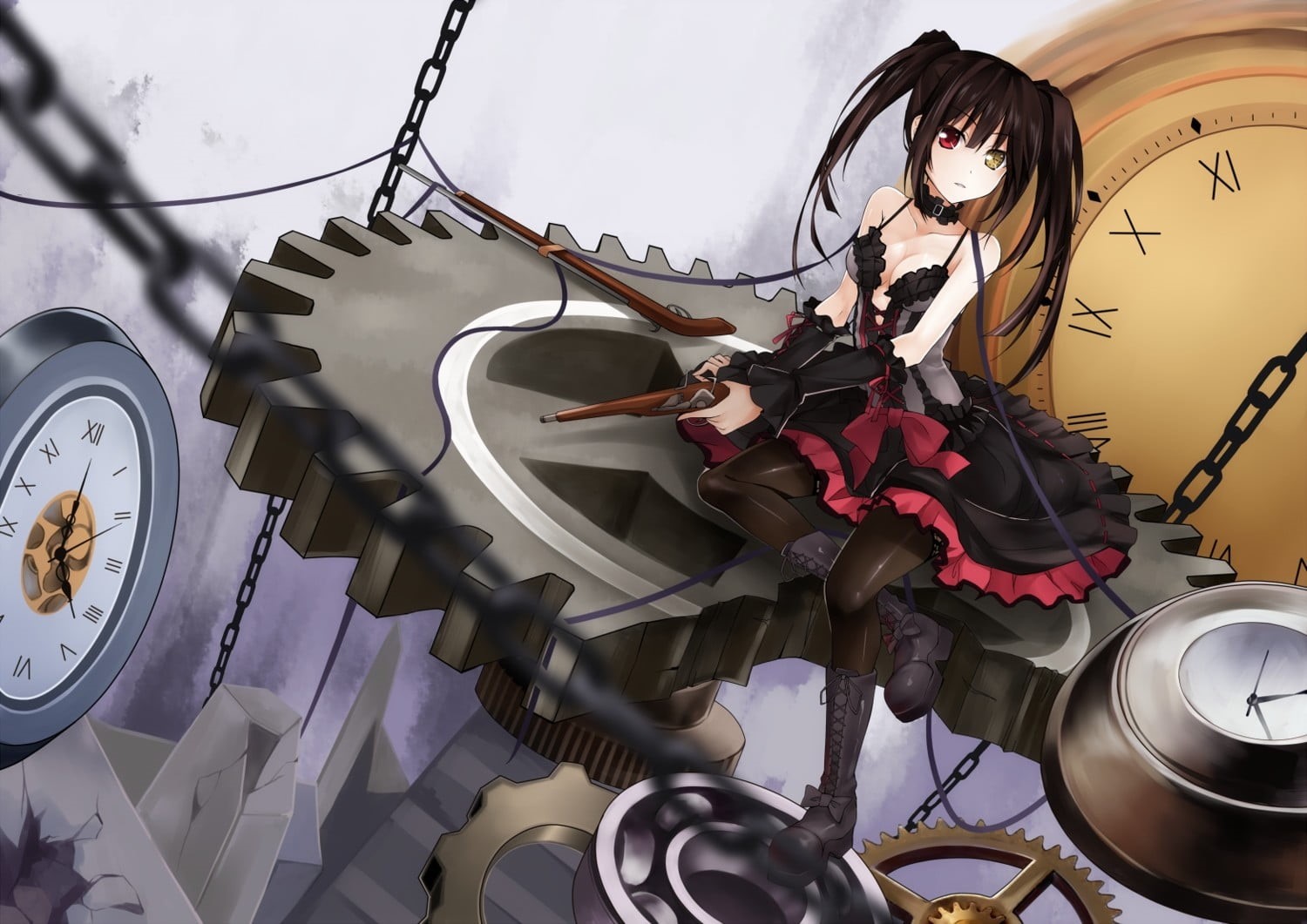technology, metal, Date A Live, drum - percussion instrument, day, hanging, weapon, still life, representation, decoration, no people, anime girls, cleavage, HD Wallpaper