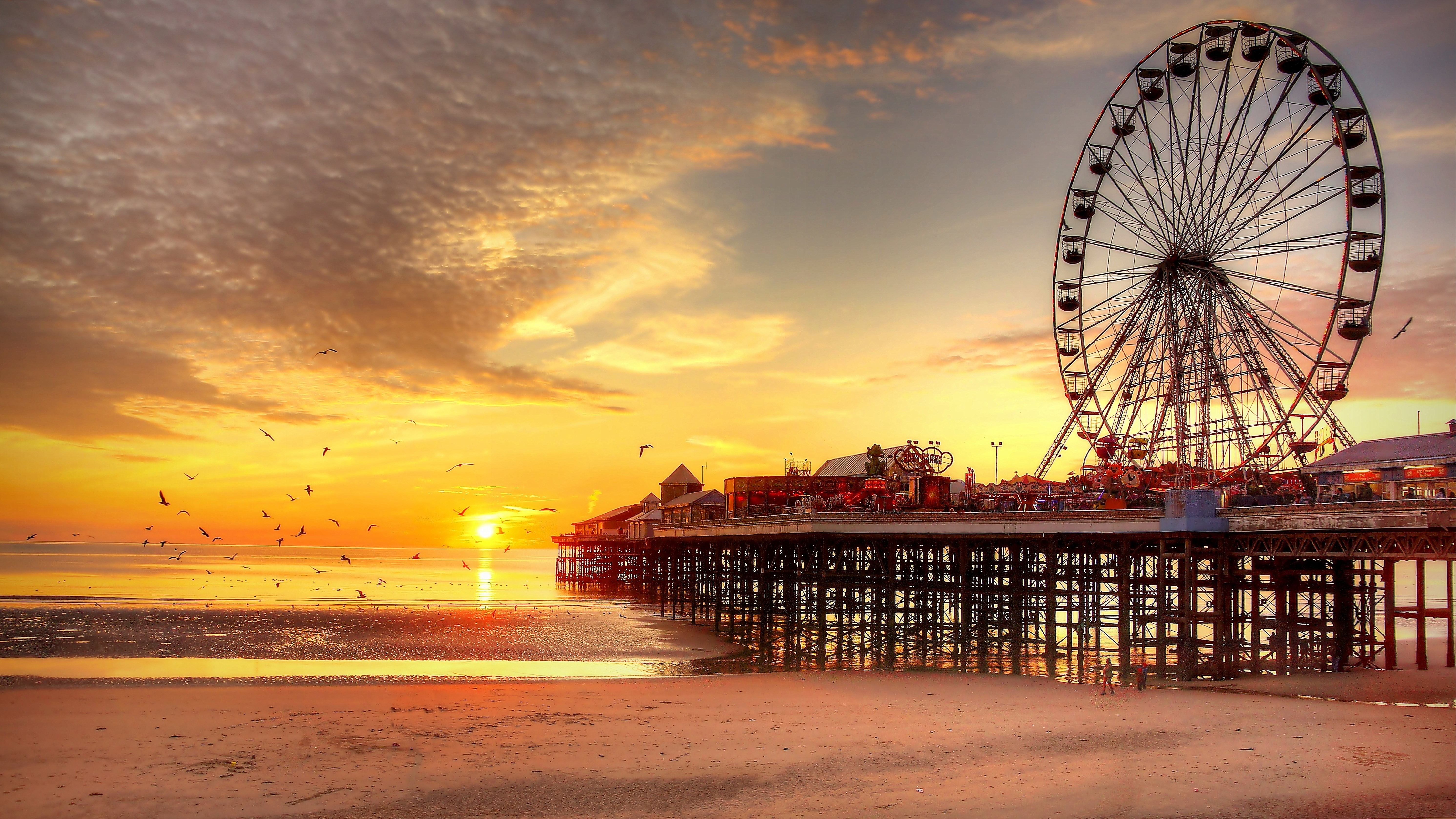 pier, amusement park ride, transportation, black, horizon over water, outdoors, orange color, scenics - nature, beauty in nature, architecture, arts culture and entertainment, HD Wallpaper