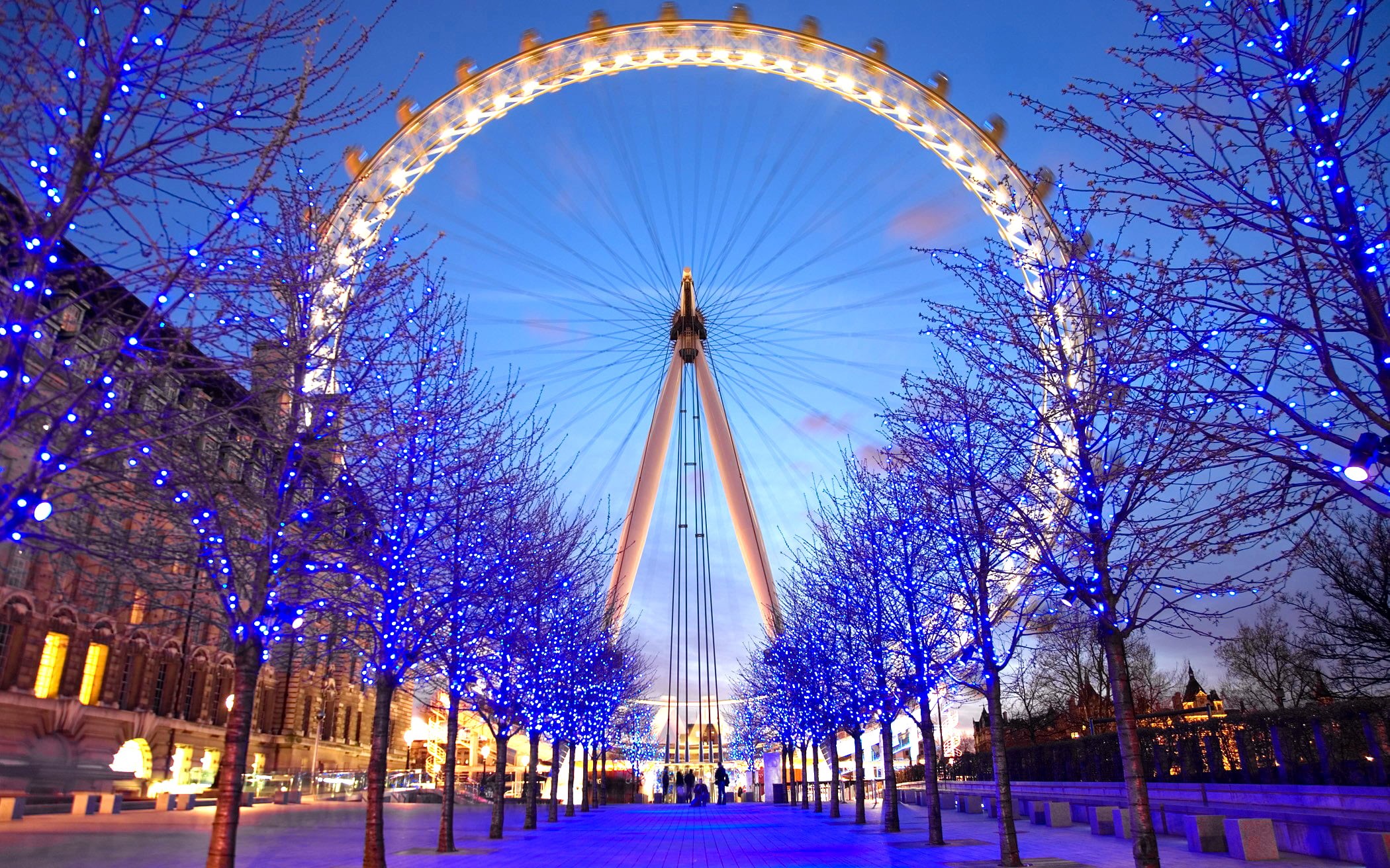night, travel destinations, tree, London, architecture, sky, built structure, plant, incidental people, ferris, illuminated, dusk, arts culture and entertainment, HD Wallpaper