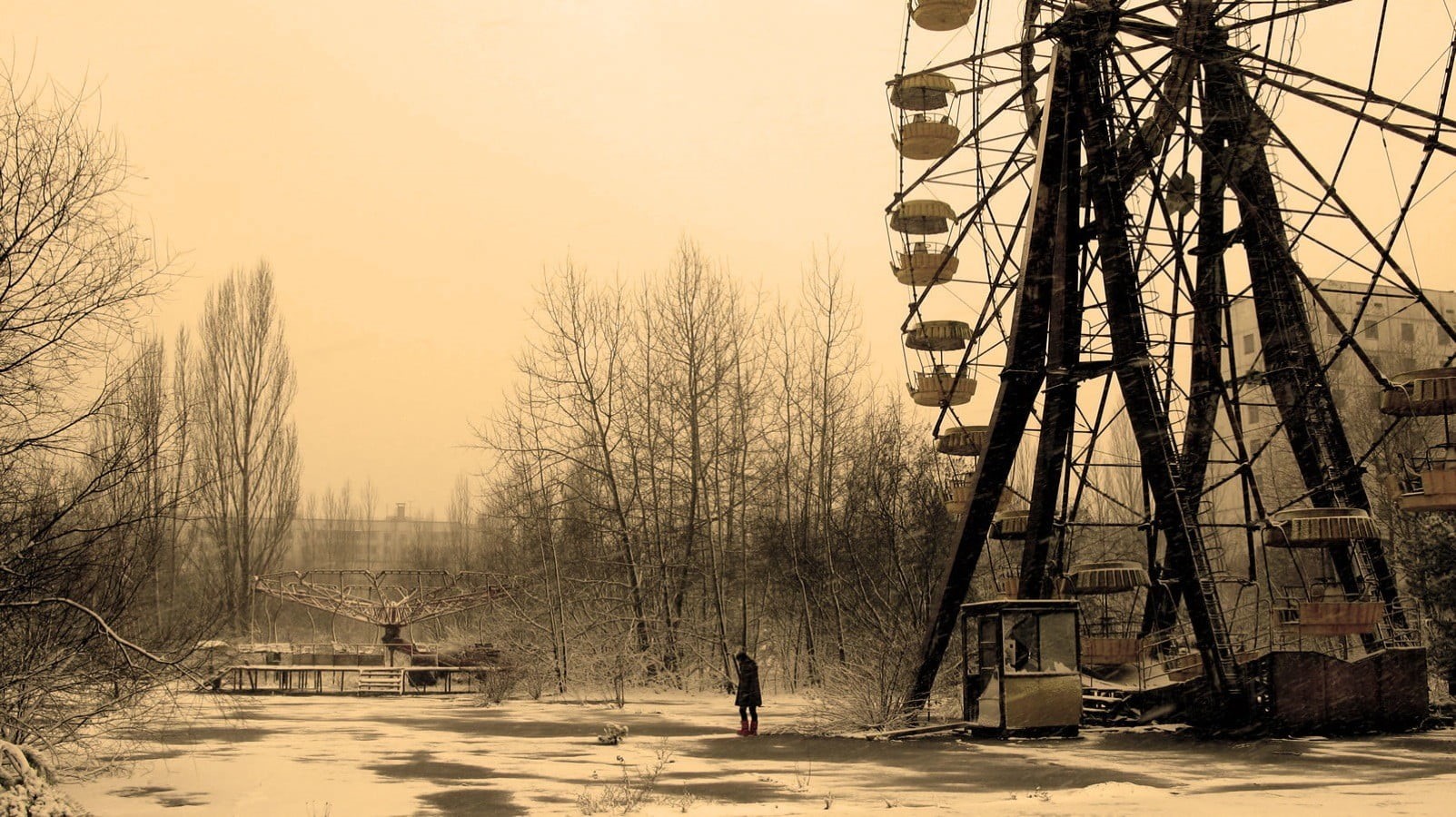 trees, tree, standing, tower, Chernobyl, built structure, men, architecture, ferris wheel, outdoors, full length, day, snow, 720P, winter, bare tree, beauty in nature, HD Wallpaper