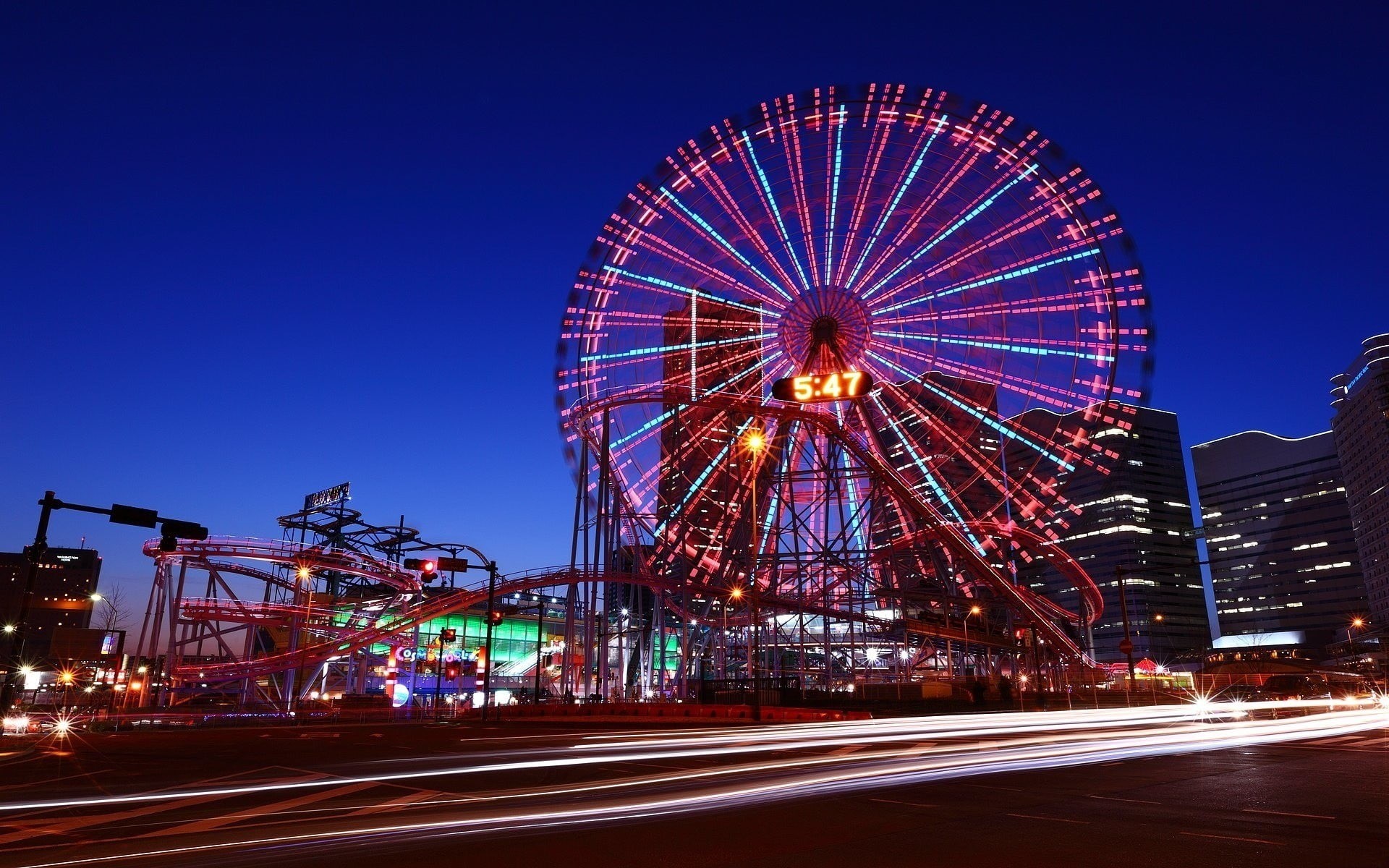 city, amusement park ride, wheel, road, long exposure, nature, building exterior, ferris, arts culture and entertainment, speed, 1080P, architecture, transportation, HD Wallpaper