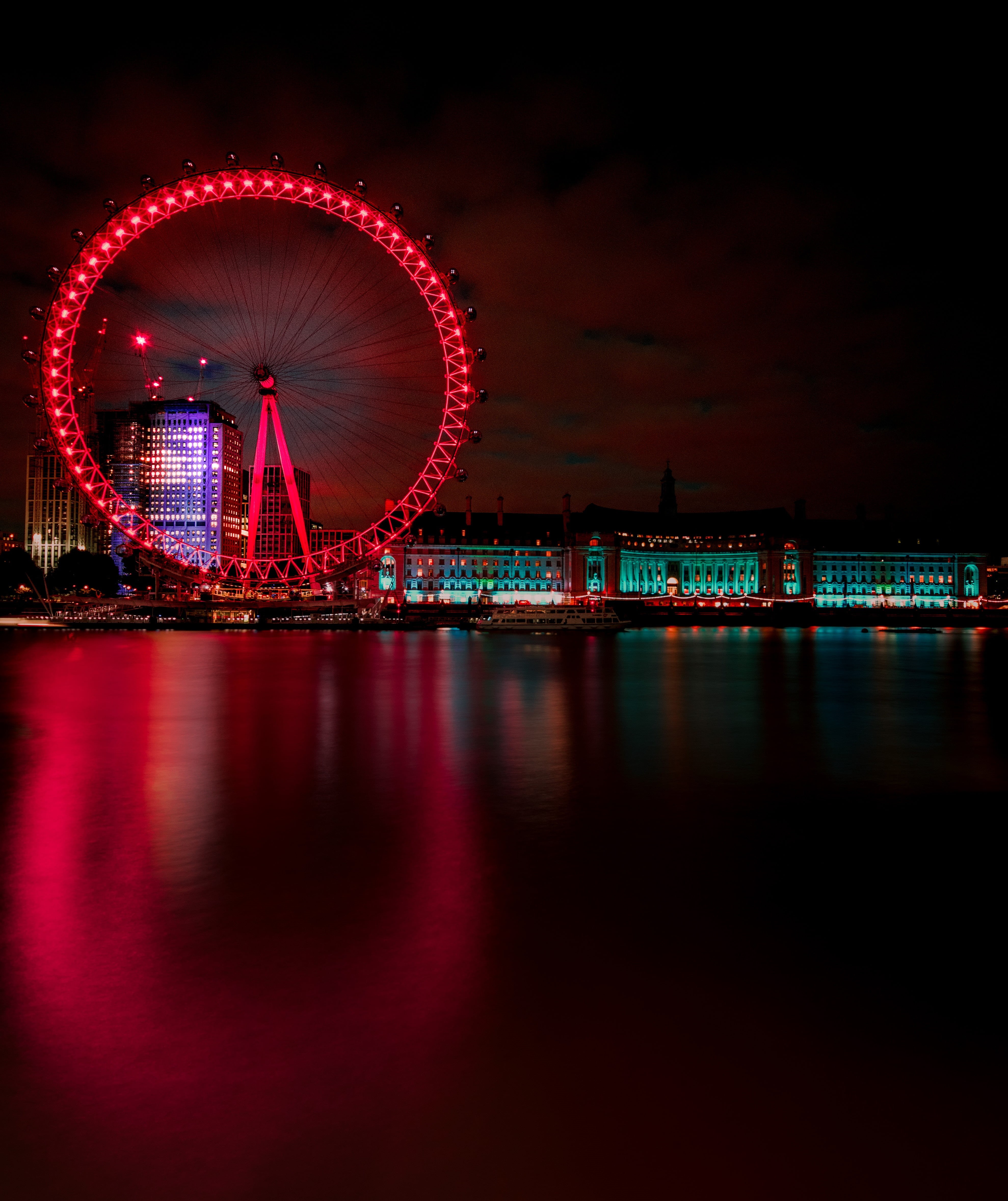 red, water, arts culture and entertainment, sky, travel destinations, london, motion, united kingdom, ferris, amusement park ride, reflection, outdoors, Phone HD Wallpaper