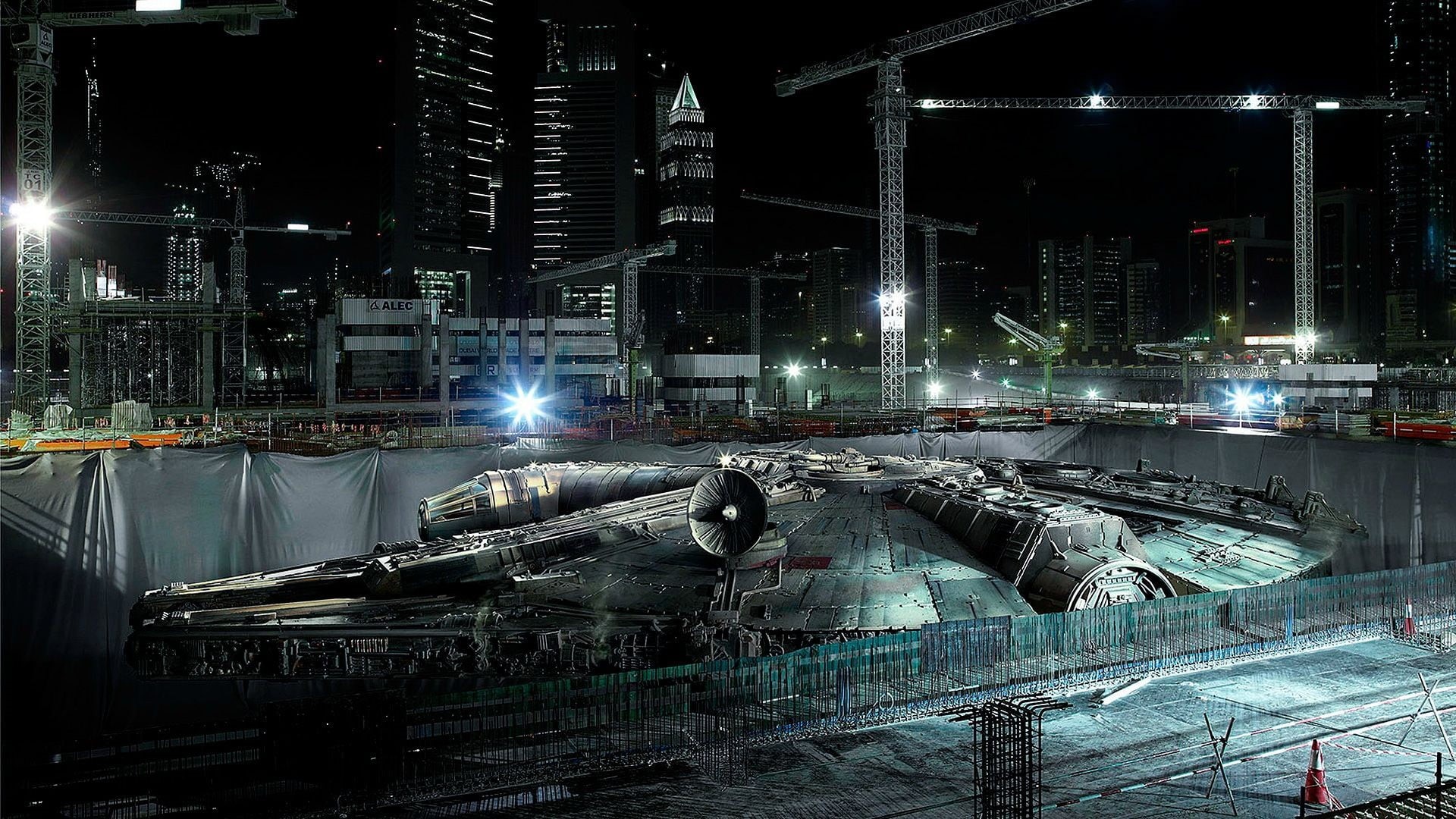 falcon, digital art, model, gray, built structure, architecture, Millennium Falcon, city, land vehicle, outdoors, scale, street, no people, city life, Star Wars, HD Wallpaper