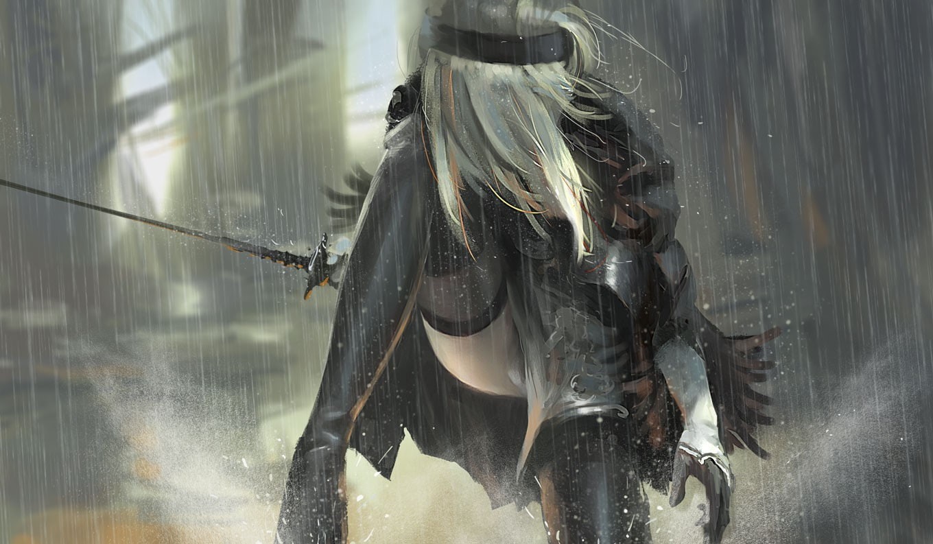 weapon, gloves, Nier: Automata, solo, silver hair, 720P, sword, rain, armor, thigh-highs, boots, NieR, HD Wallpaper
