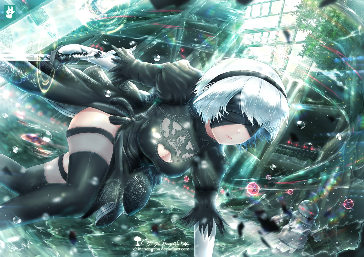 2B (Nier: Automata), headband, NieR, digital composite, water, white hair, no people, gloves, Nier: Automata, elbow gloves, glass - material, reflection, HD Wallpaper