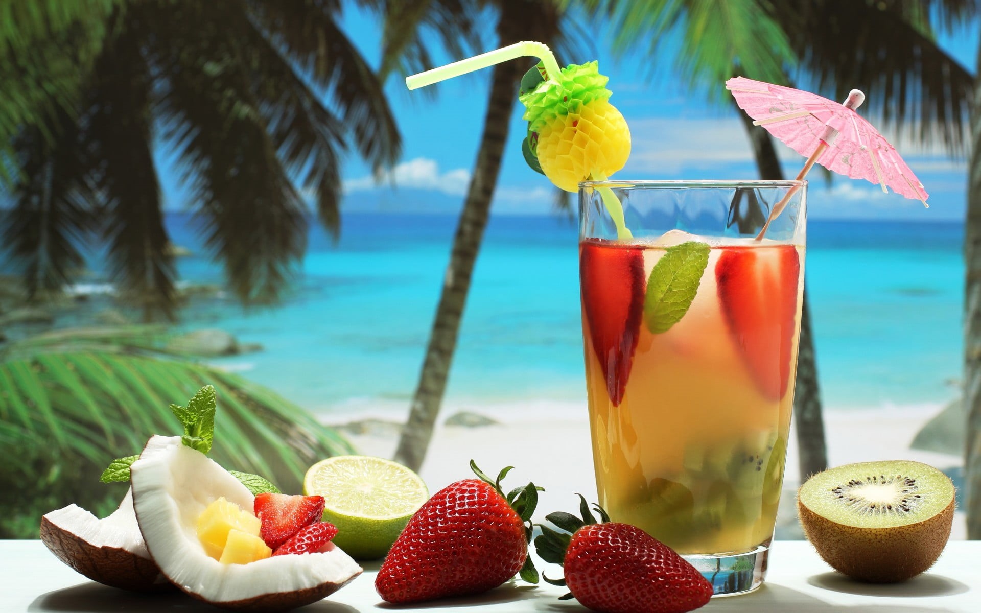 trees, nature, strawberries, food and drink, wellbeing, drinking glass, food, strawberry, cocktails, no people, cocktail, water, 1080P, tropical, sliced, HD Wallpaper