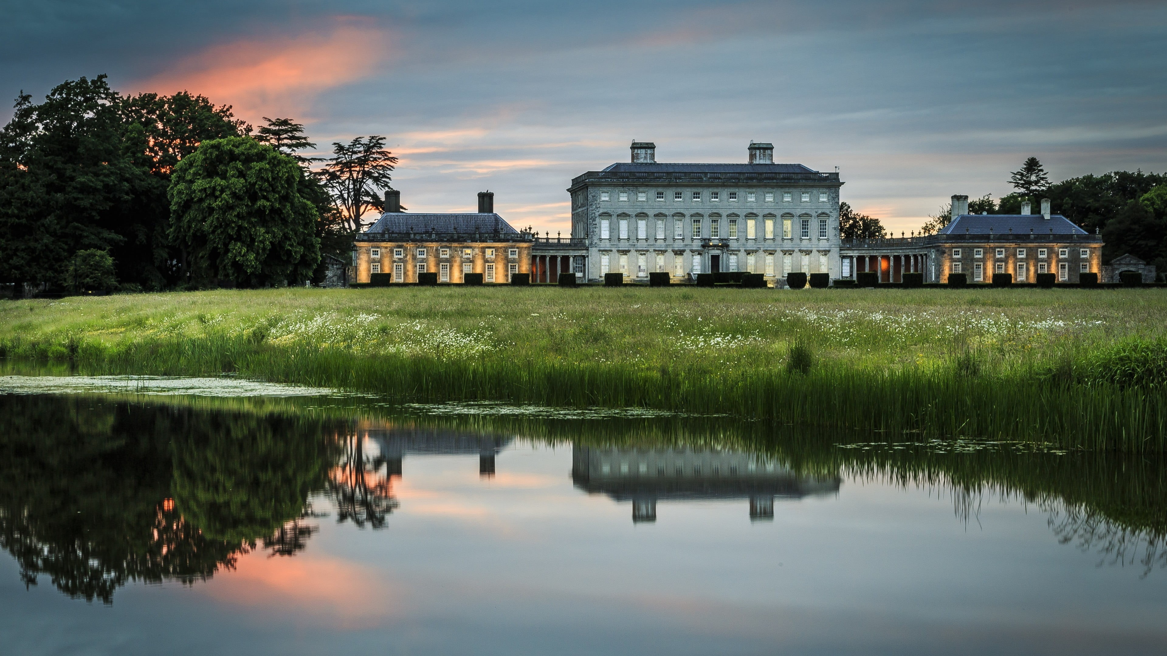 lake, mansions, reflection, tree, architecture, field, nature, building, building exterior, grass, mansion, waterfront, plant, Ireland, sky, landscape, HD Wallpaper