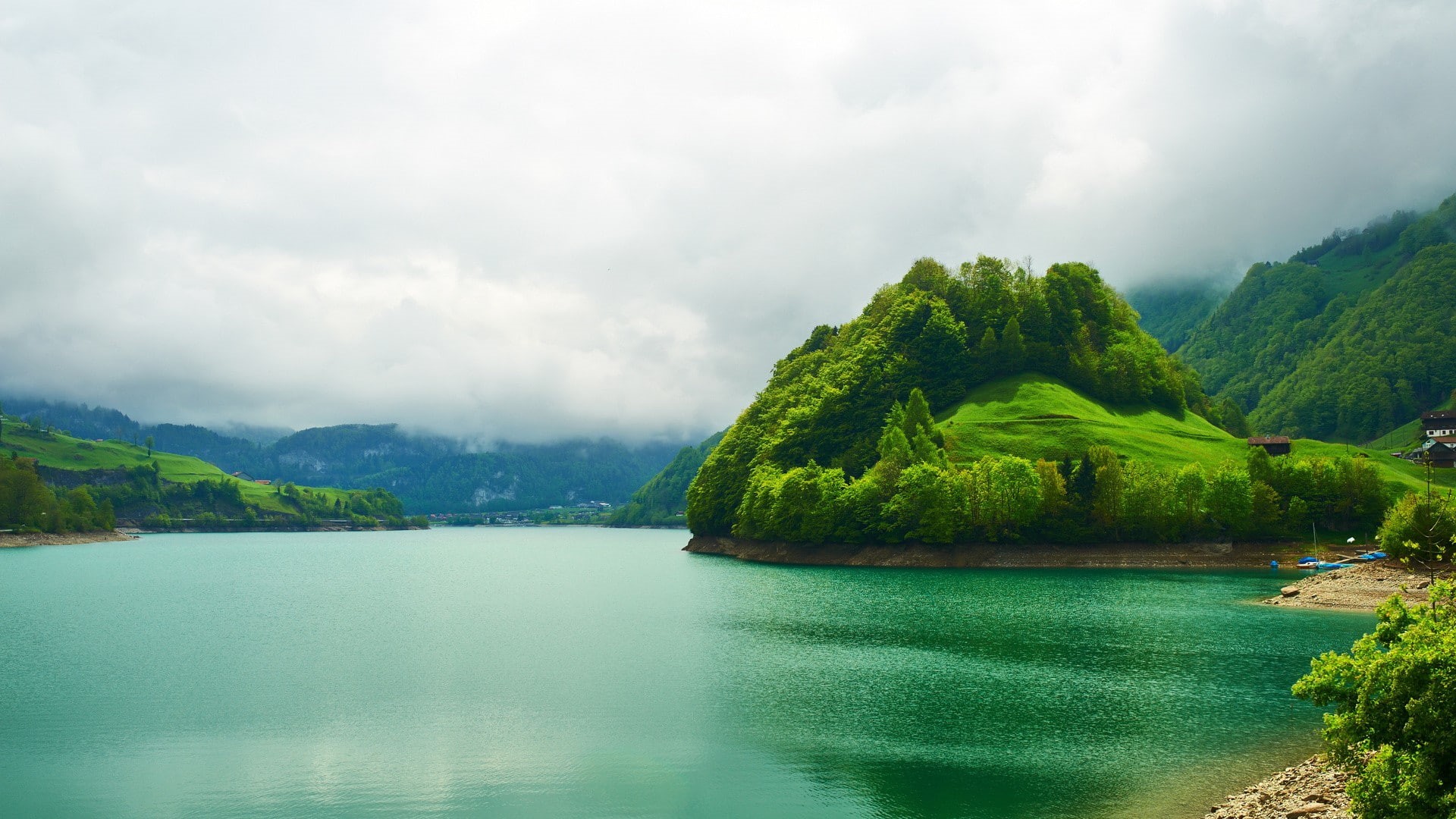 forest, hills, grass, trees, nature, mountains, 1080P, landscape, house, water, mist, HD Wallpaper
