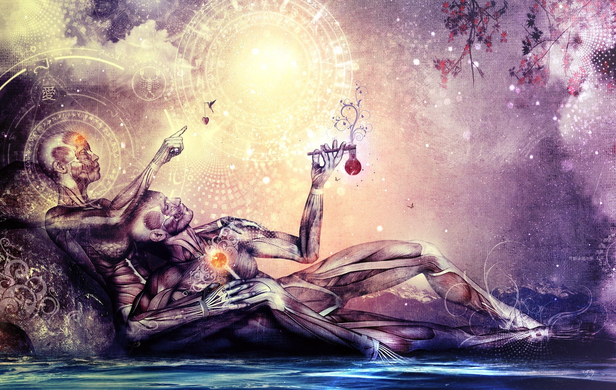 spirituality, two, woman, the sky, male, characters, contemplation, chakra, anatomy, art, cameron gray, water, zodiac, 1080P, HD Wallpaper