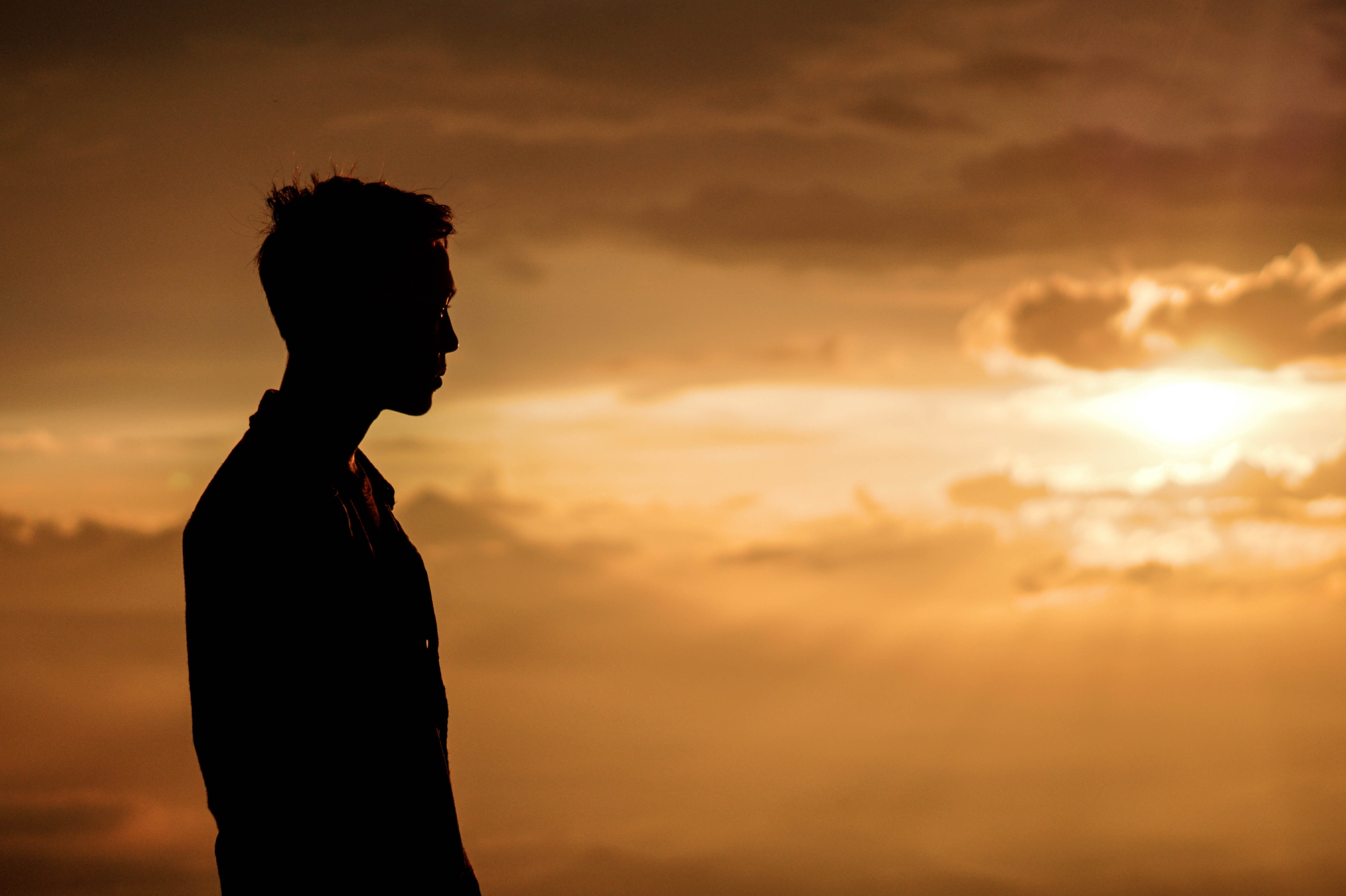 leisure activity, contemplation, calm, outdoors, cloud, adult, side view, waist up, man, sky, backlit, mood, sunset, silhouette, young adult, HD Wallpaper