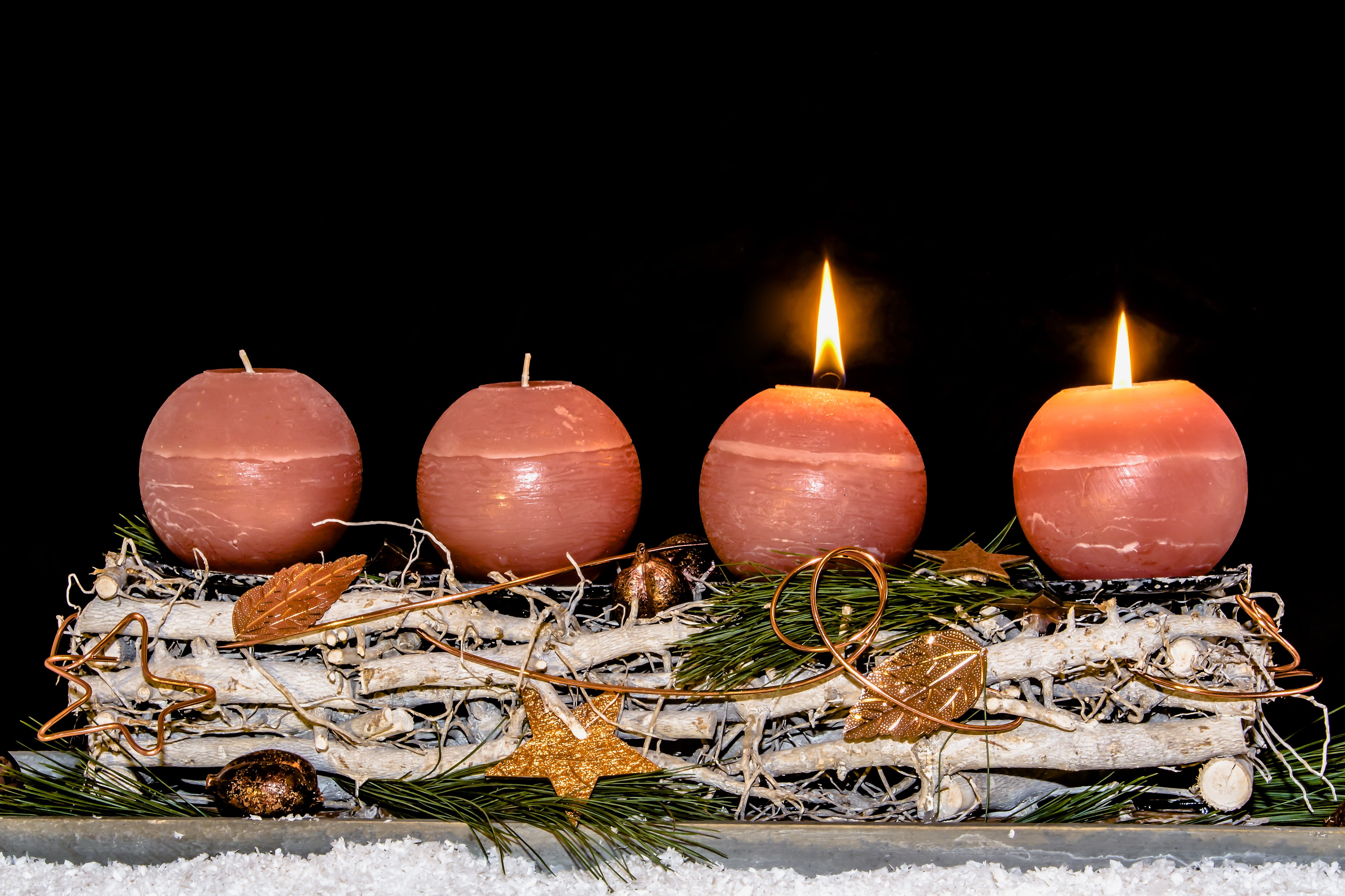 candles, two, large group of objects, black background, advent wreath, celebration, indoors, advent, holiday, no people, christmas, group of objects, food, HD Wallpaper