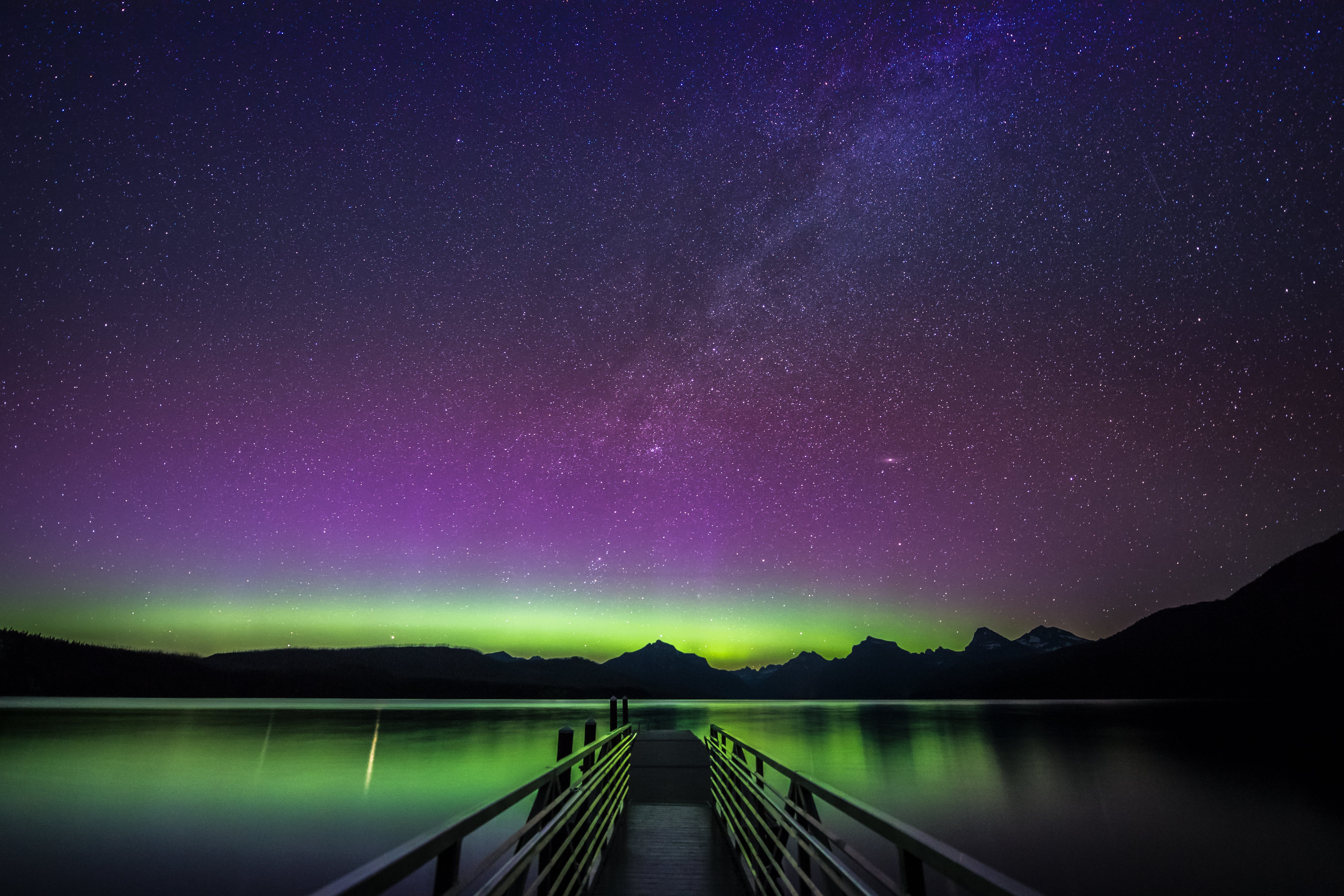 5K, Glacier National Park, calm, galaxy, McDonald, sky, night, Milky Way, blue, Lake McDonald, water, body of water, night photography, night sky, empty, HD Wallpaper