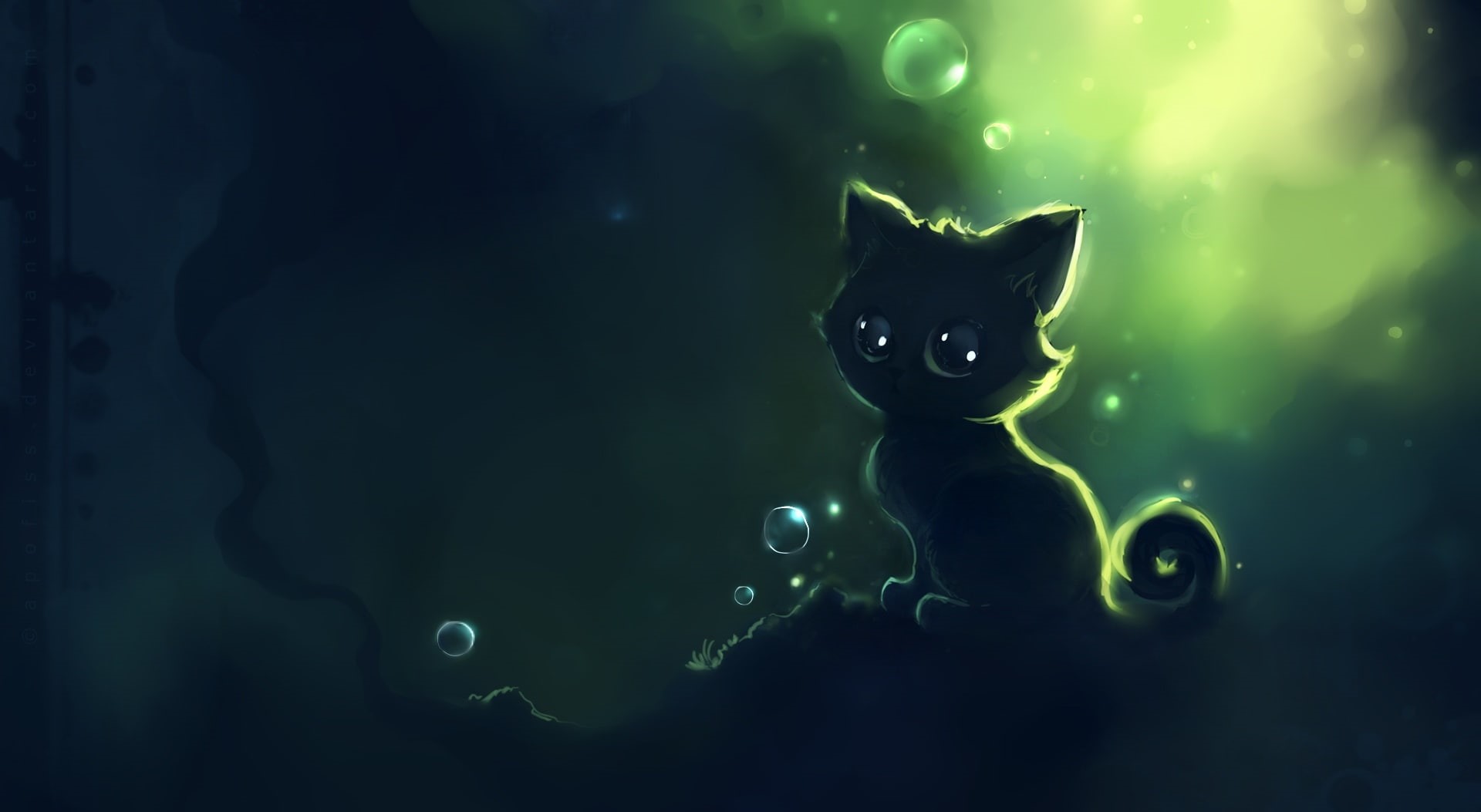 Animal, pets, Black, astonished, Artwork, Lonely, domestic, cat painting, dark, illuminated, digital composite, Green, black color, feline, black cat, 1080P, HD Wallpaper