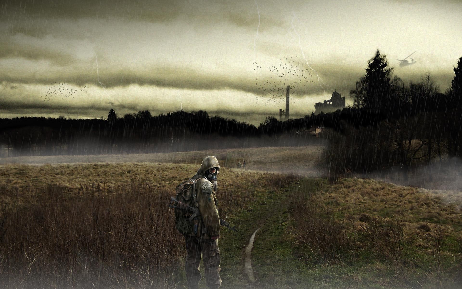 disaster, destruction, 1080P, hoodie, person, mask, field, solitude, wearing, lonely, post, illustration, ruins, apocalypse, 3d, landscape, HD Wallpaper