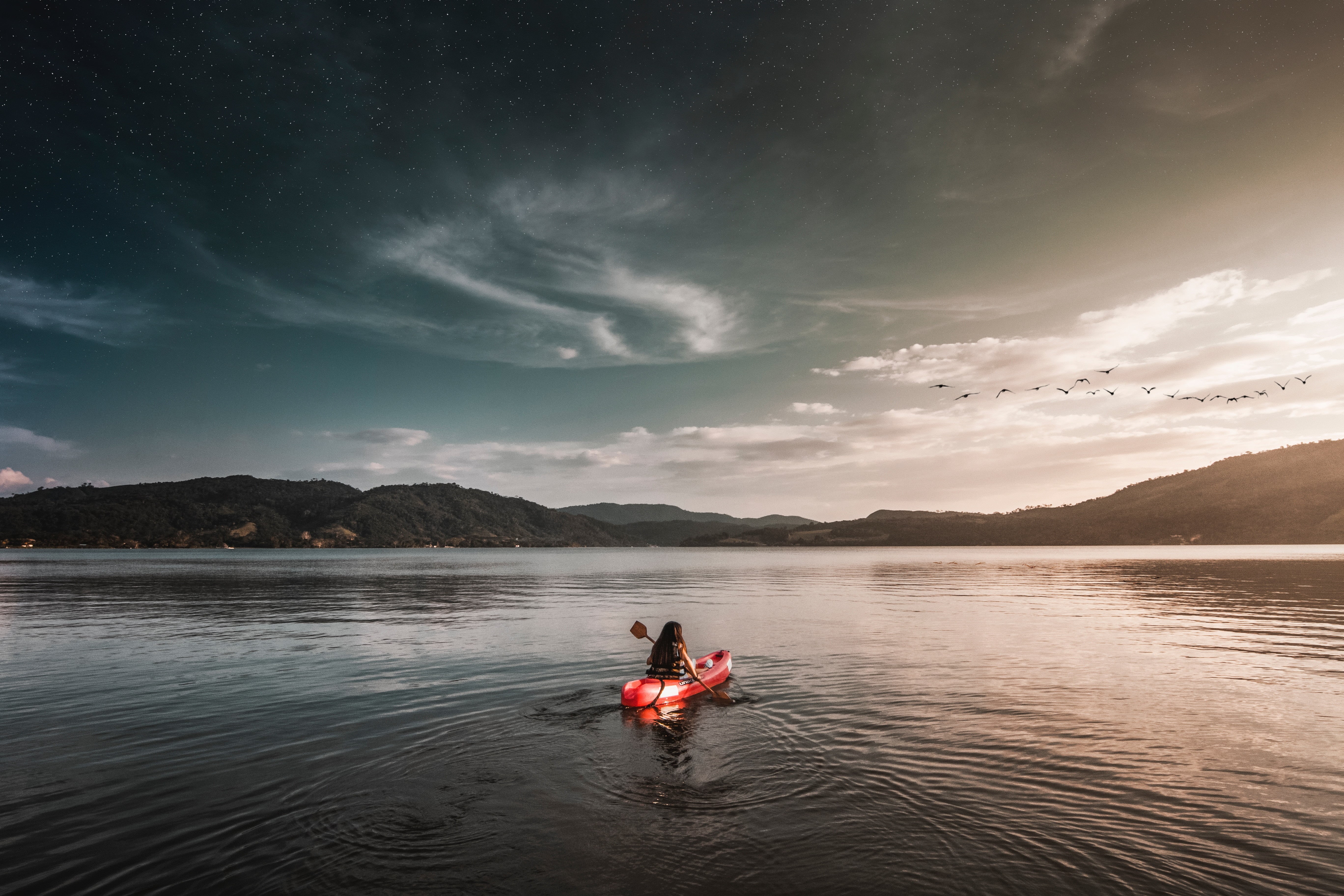 adventure, mountain, beauty in nature, solitude, one person, landscape, lake, paddling, tranquility, cloud - sky, adult, water, outdoors, scenics - nature, HD Wallpaper