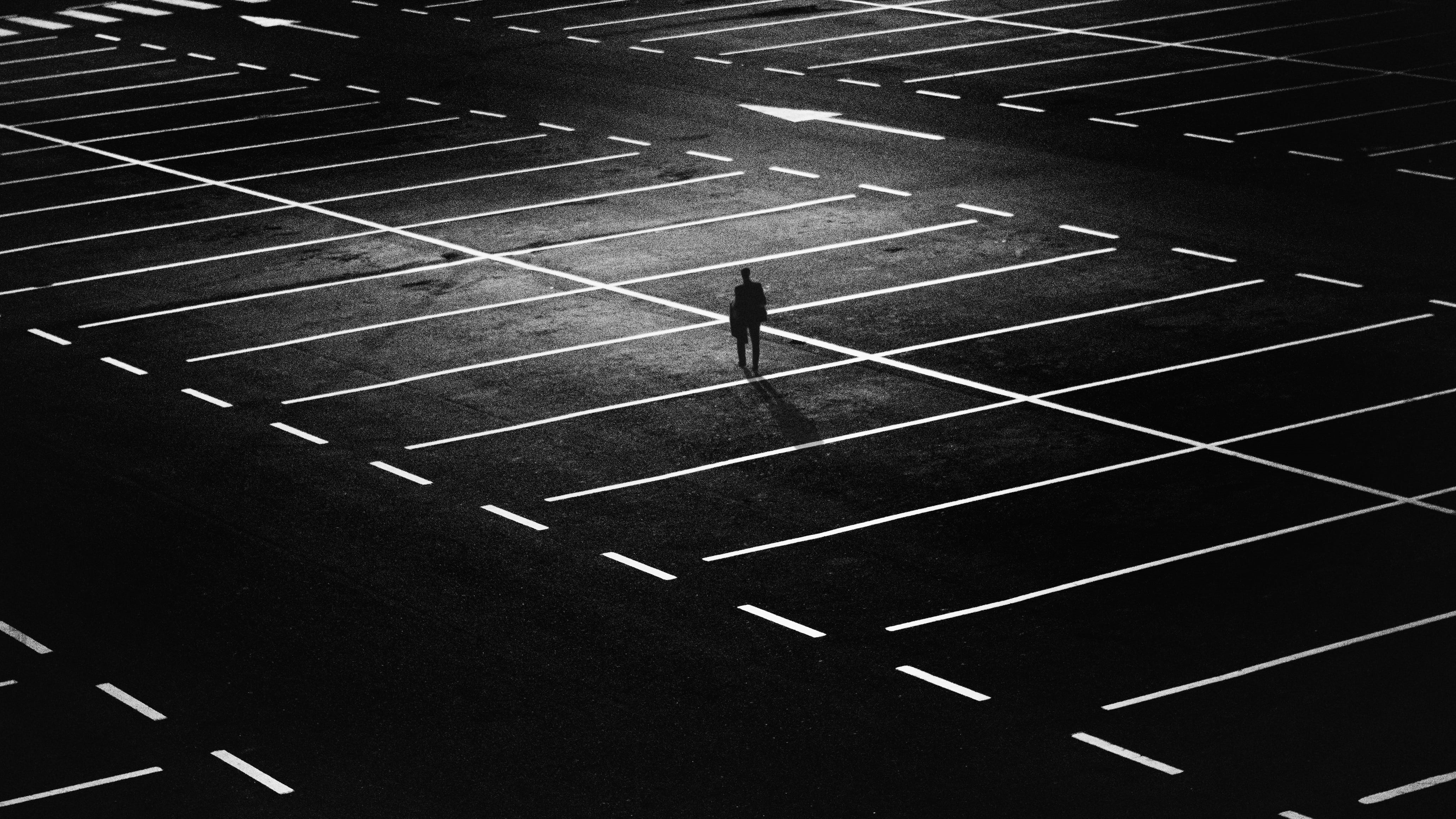 solo, parking, shadow, sunlight, lot, parking lot, transportation, road marking, men, pattern, high angle view, day, night, man, real people, road, black-and-white, HD Wallpaper