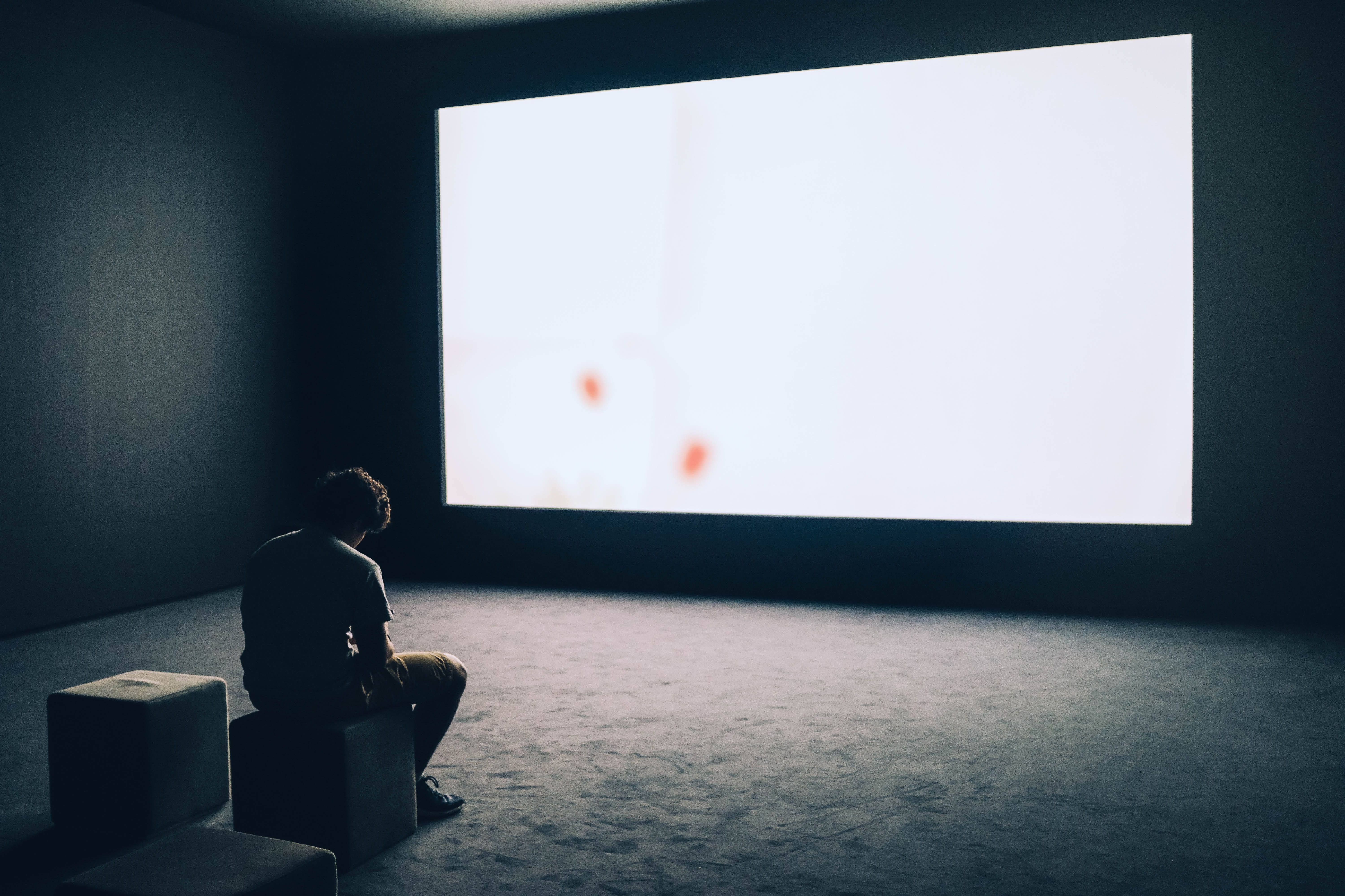 projection screen, museum, alone, watching, lonely, full length, 5K, seat, arts culture and entertainment, contemplation, sit, inside, room, childhood, HD Wallpaper