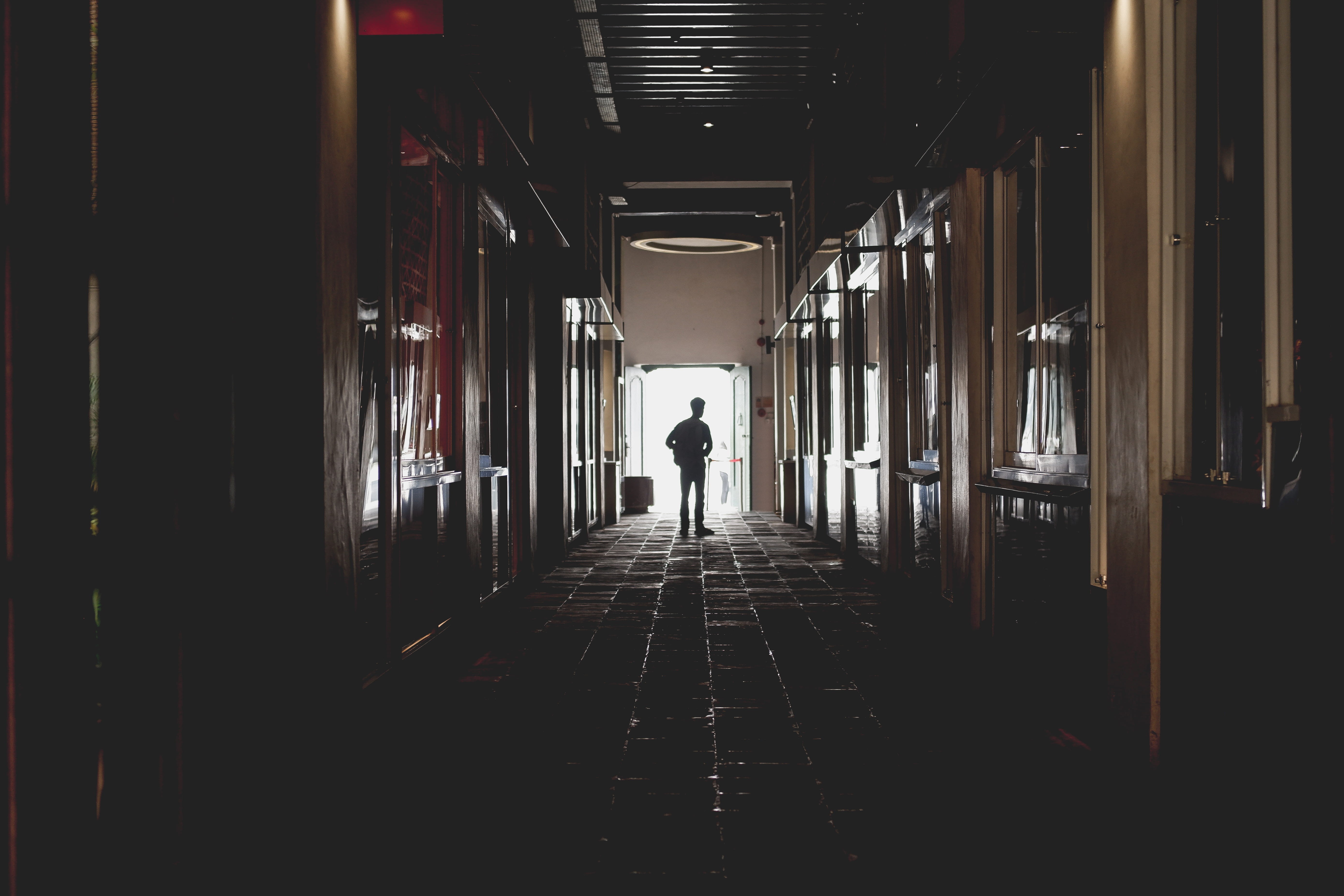 person, indoors, full length, leisure activity, corridor, lifestyles, day, diminishing perspective, the way forward, silhouette, museum, lonely, alone, HD Wallpaper