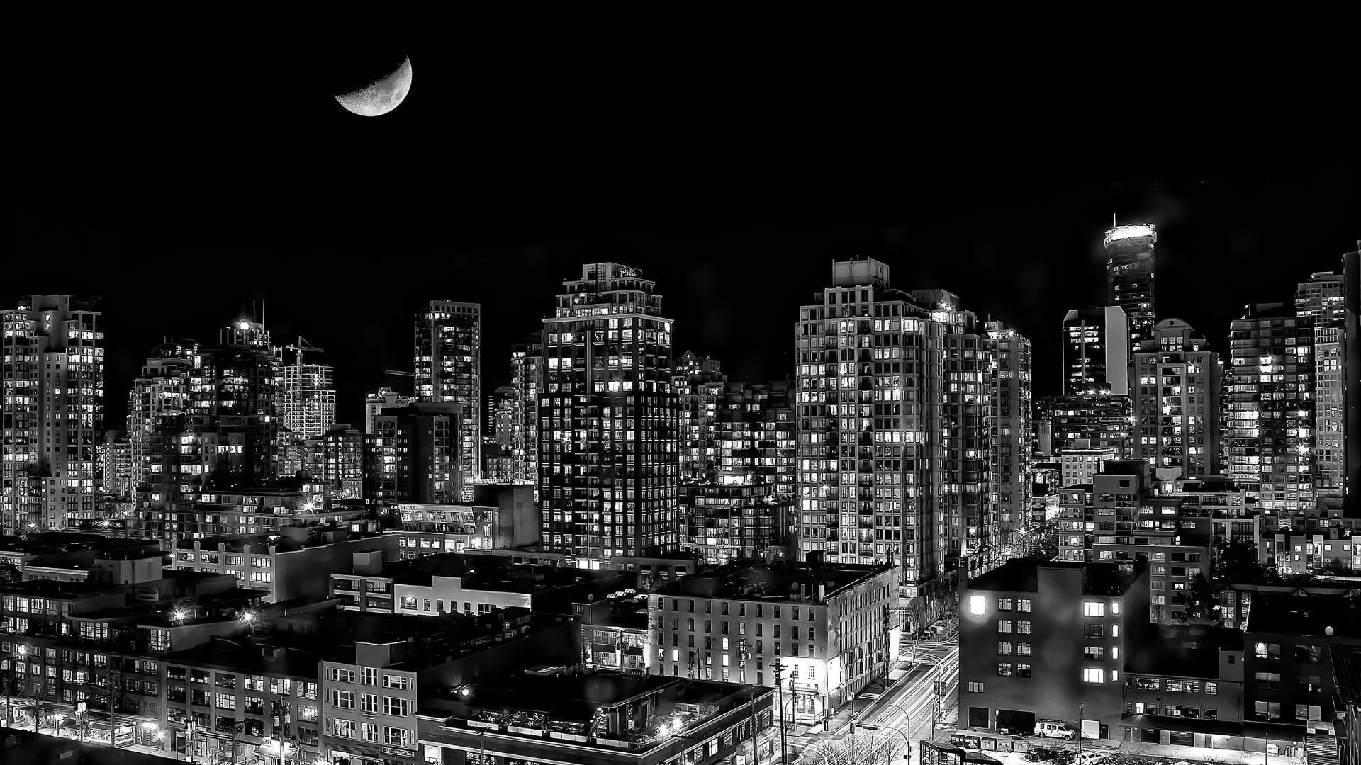 skyscraper, monochrome, financial district, outdoors, residential district, city life, lights, sky, settlement, office, spire, 1080P, built structure, HD Wallpaper